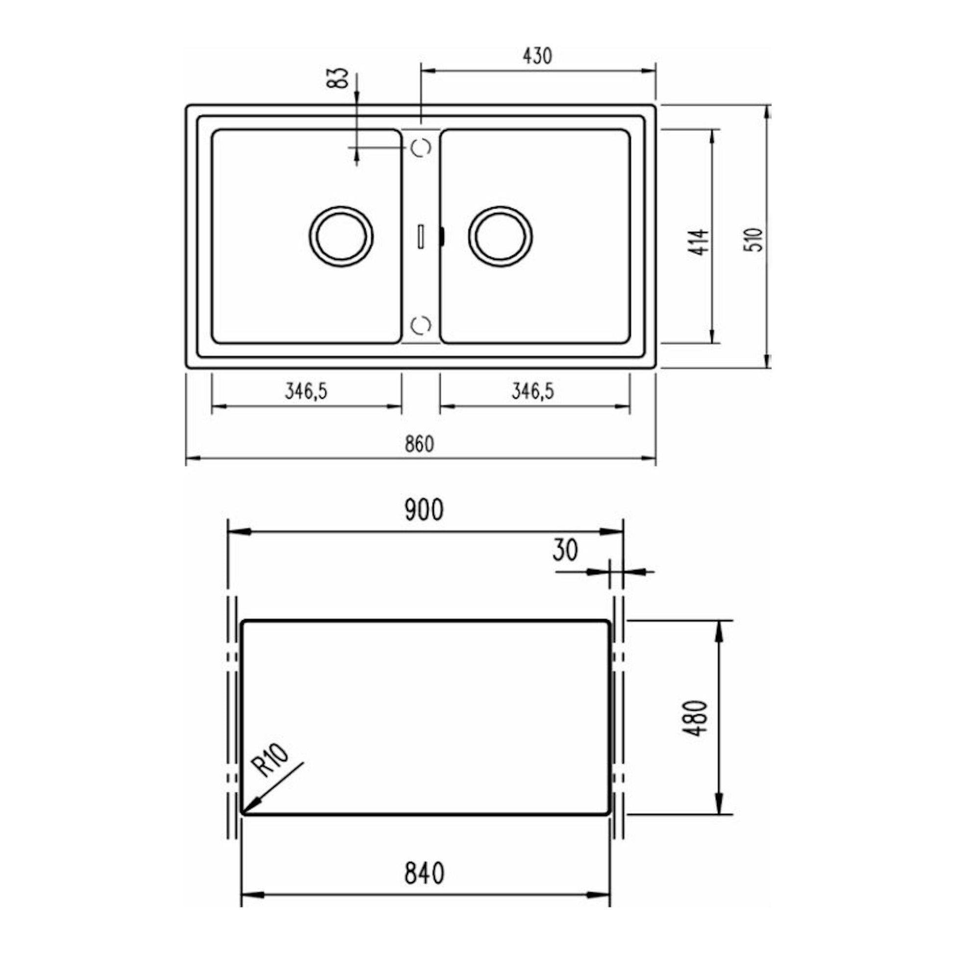 Teka STONE 90 B-TG 2C blanco: plano técnico de fregadero doble con medidas, vista superior y lateral.