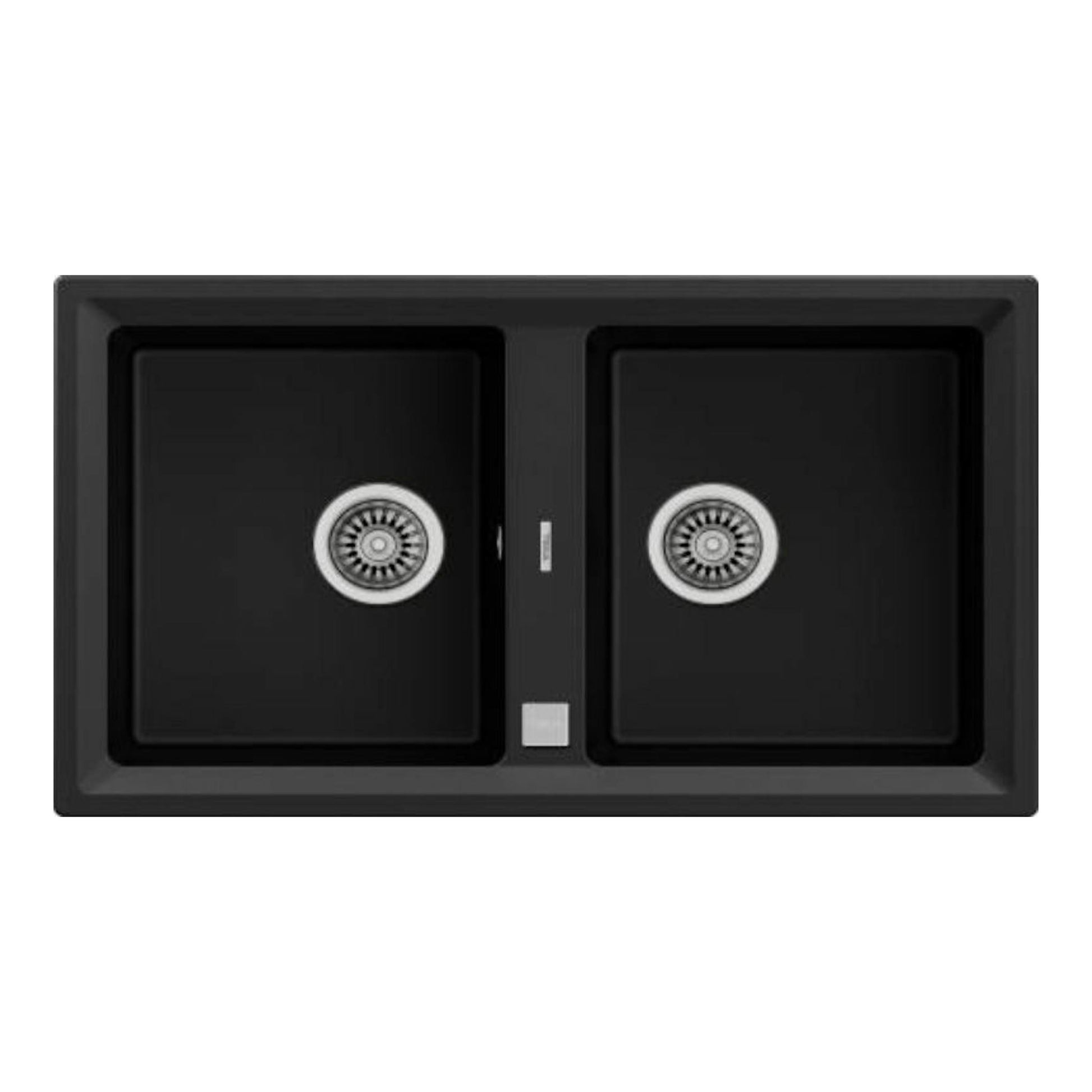 Fregadero Teka STONE 90 B-TG 2C negro, vista superior, doble seno rectangular con dos desagües.