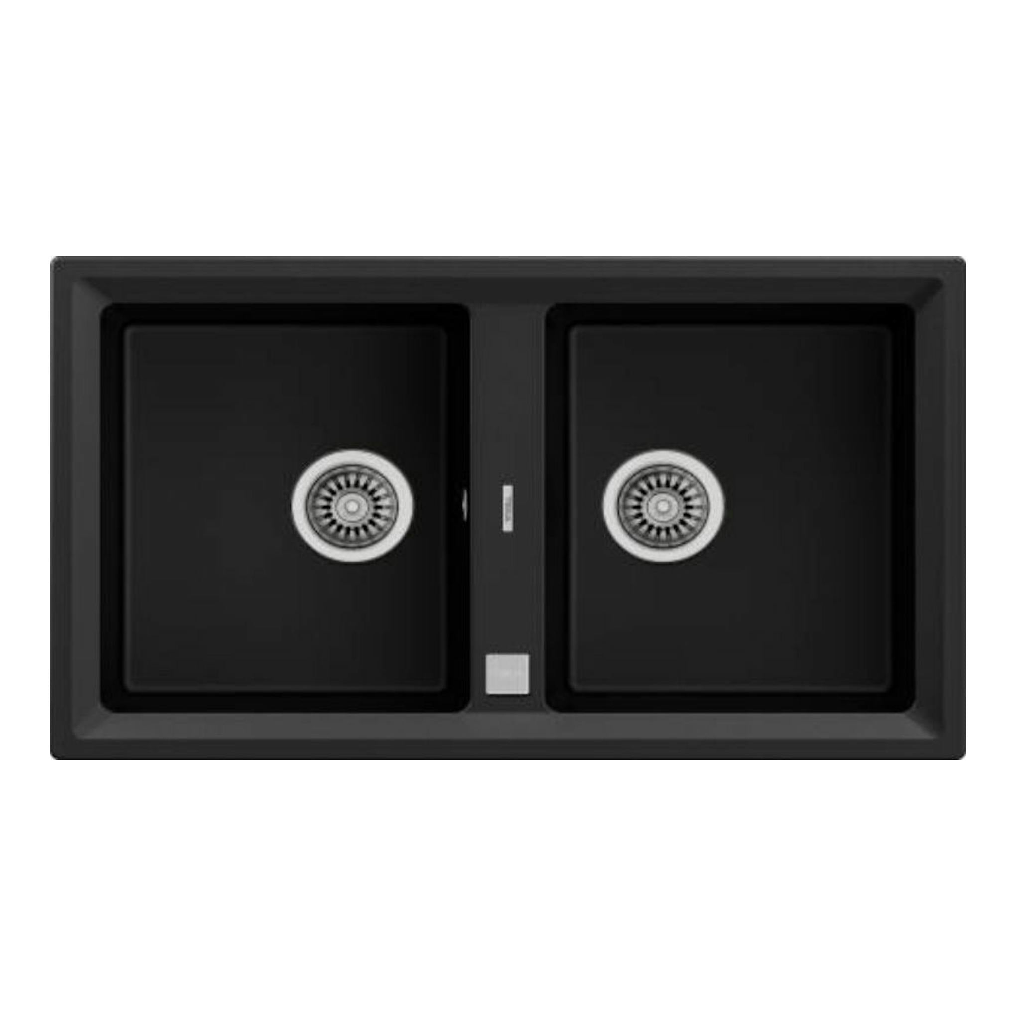 Fregadero Teka STONE 90 B-TG 2C negro, vista superior, doble seno rectangular con dos desagües.