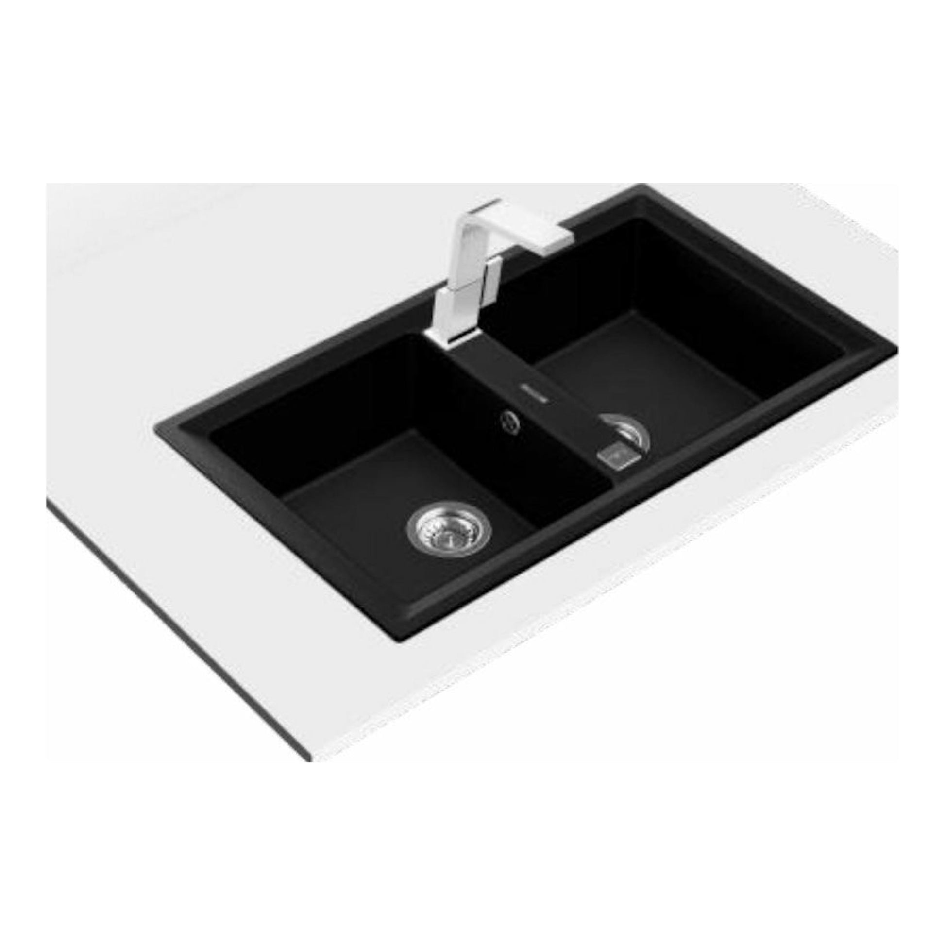 Fregadero Teka STONE 90 B-TG 2C negro, doble cubeta negra, vista superior oblicua con grifo blanco.