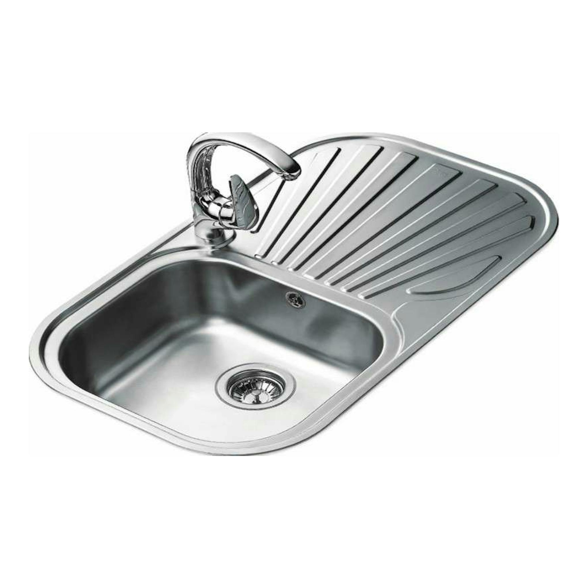 Fregadero Teka Stylo 1C 1E inox, vista en ángulo, con escurridor a la derecha y grifo cromado.