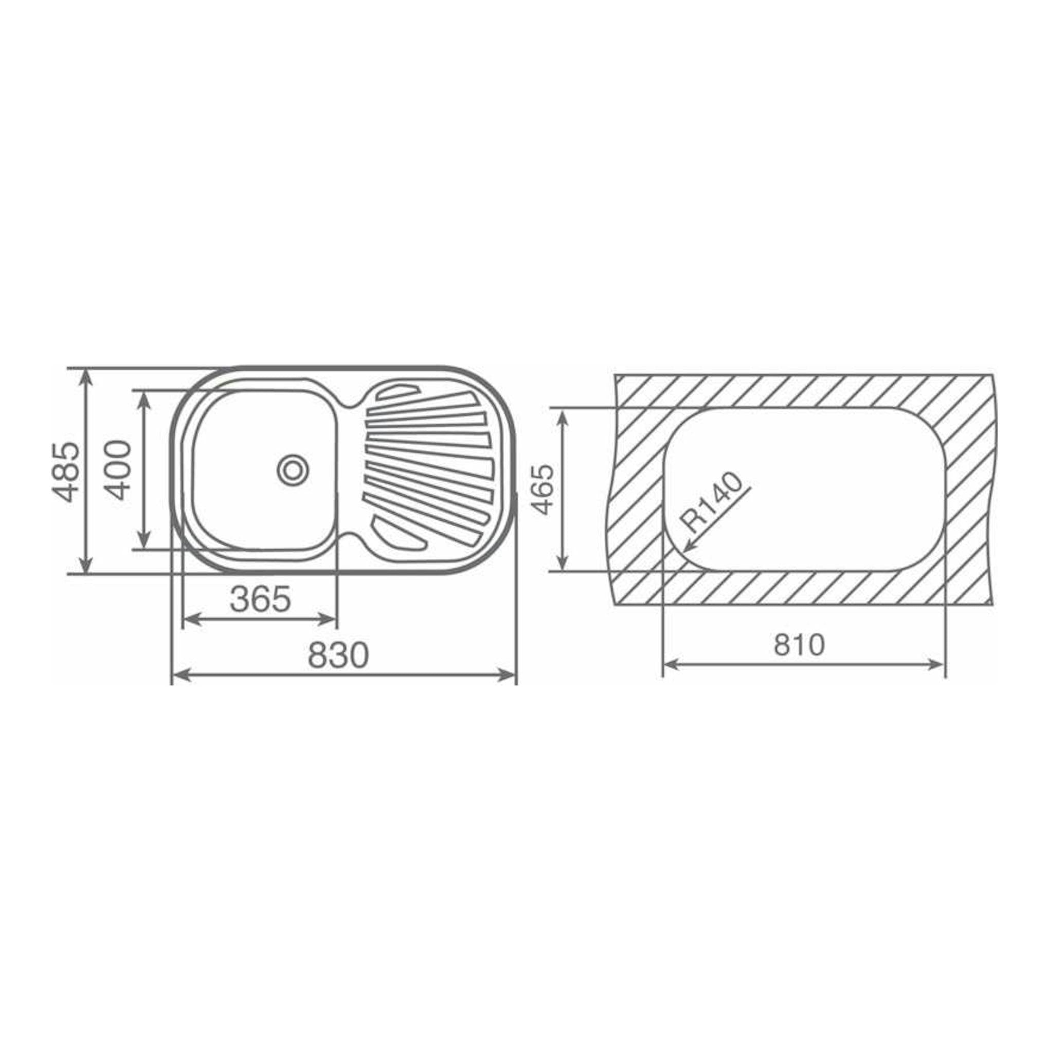 Plano técnico del fregadero Teka STYLO 1C 1E inox, vista superior con seno izquierdo y hueco de encastre.