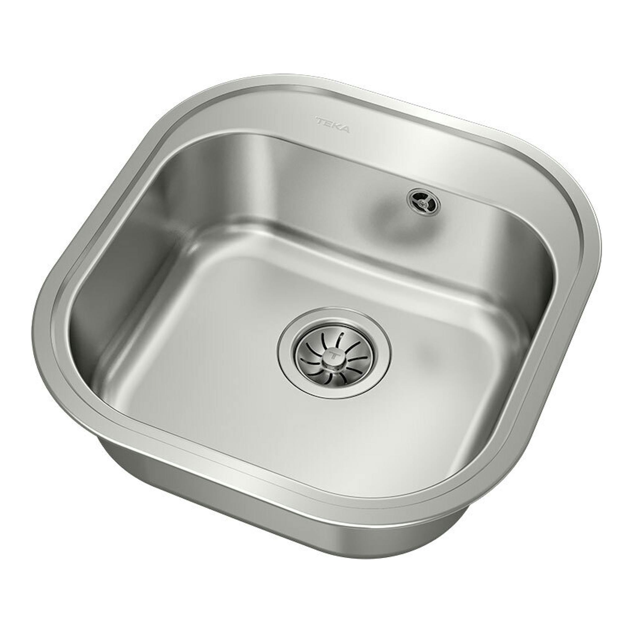 Fregadero Teka STYLO 1C de acero inoxidable, vista superior inclinada, con cubeta única y desagüe central.