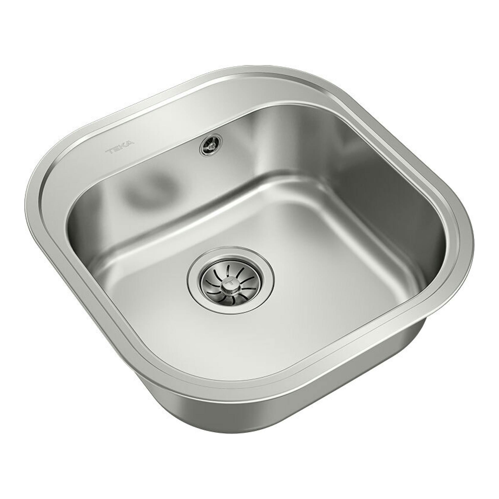 Fregadero Teka STYLO 1C de acero inoxidable, vista superior en ángulo, una cubeta con desagüe.
