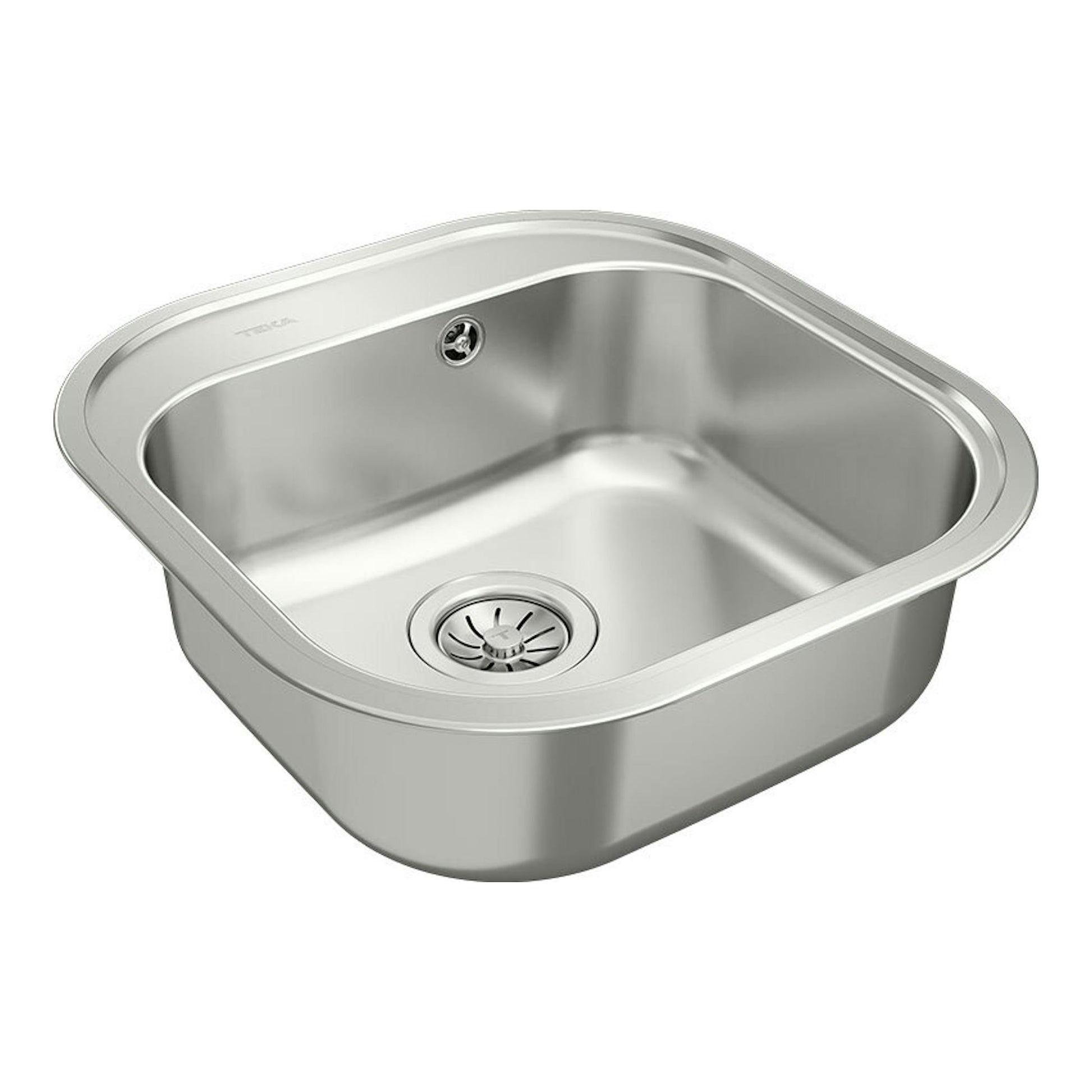 Fregadero Teka STYLO 1C Inox de acero inoxidable, vista en ángulo, con una cuba y desagüe central.
