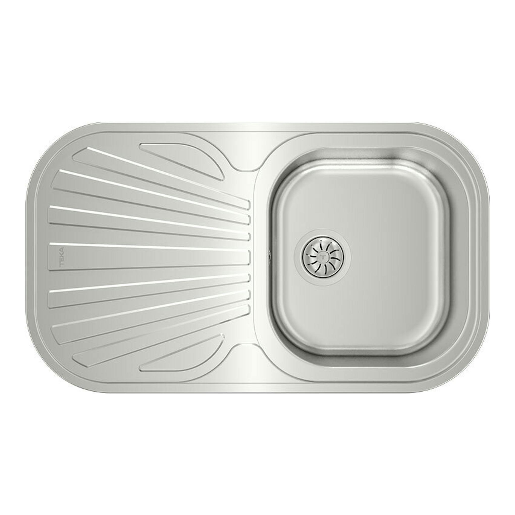 Fregadero Teka STYLO 1C1E de inox, vista cenital, con escurridor a la izquierda y cubeta a la derecha.