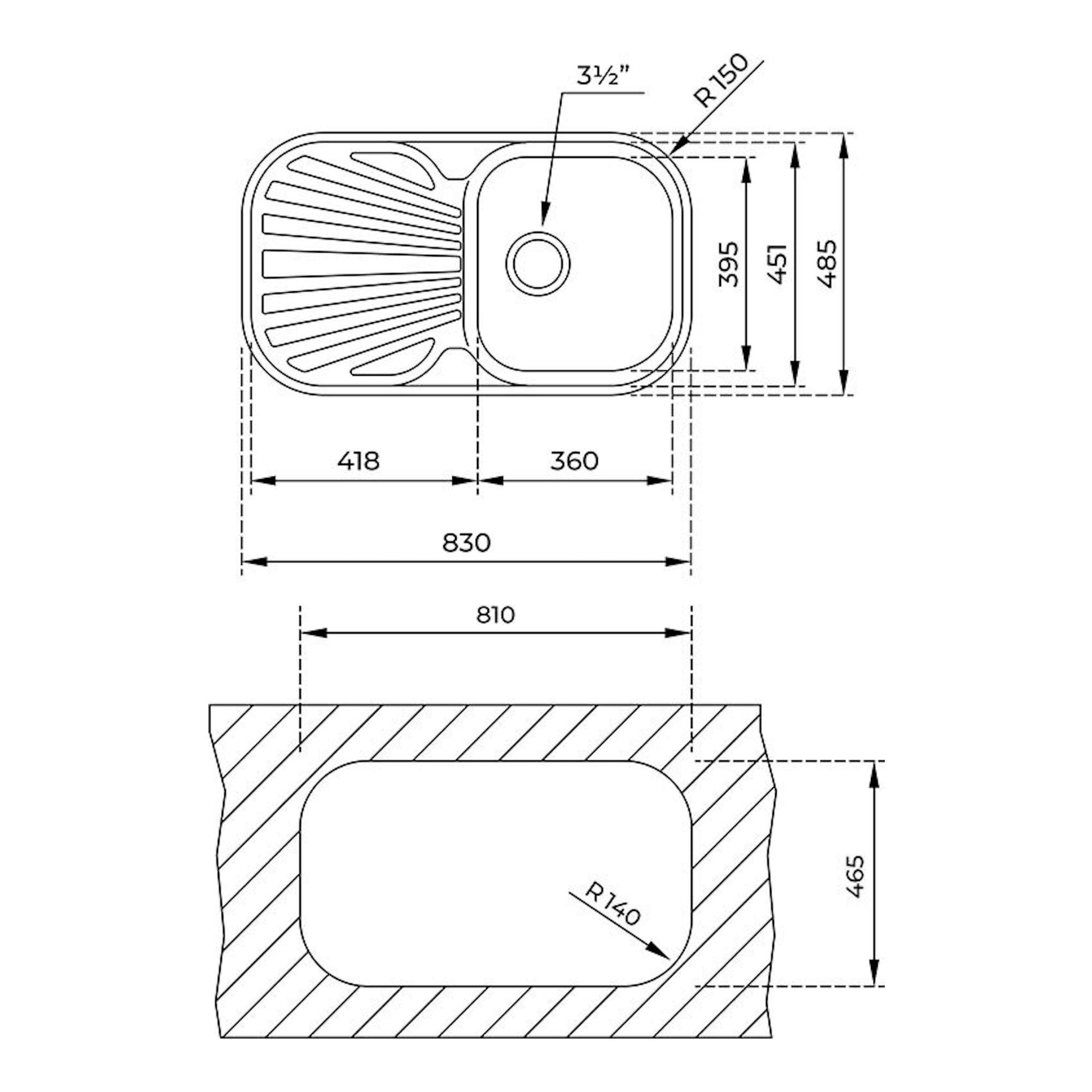 Plano técnico del fregadero Teka STYLO 1C1E inox reversible, con vista superior y sección acotadas.