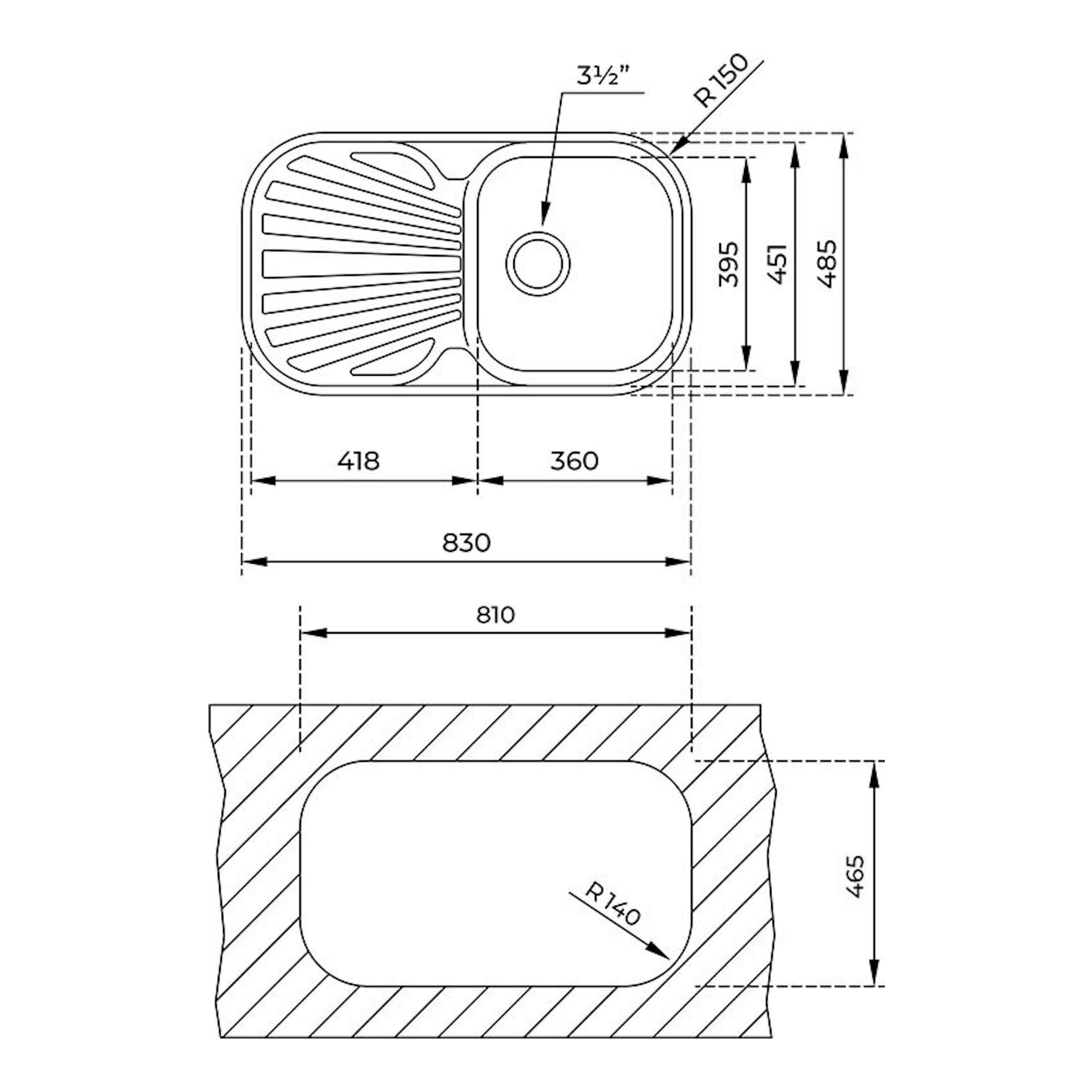Plano técnico del fregadero Teka STYLO 1C1E inox reversible, con vista superior y sección acotadas.