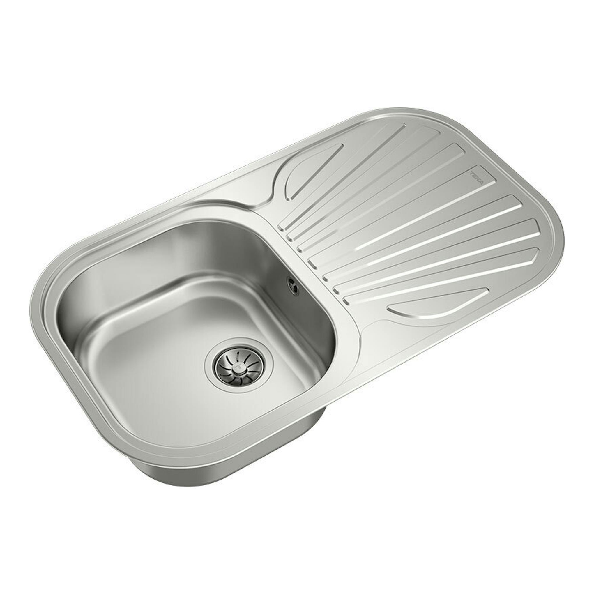Fregadero Teka STYLO 1C1E de acero inoxidable, vista cenital inclinada, con una cubeta y escurridor reversible.