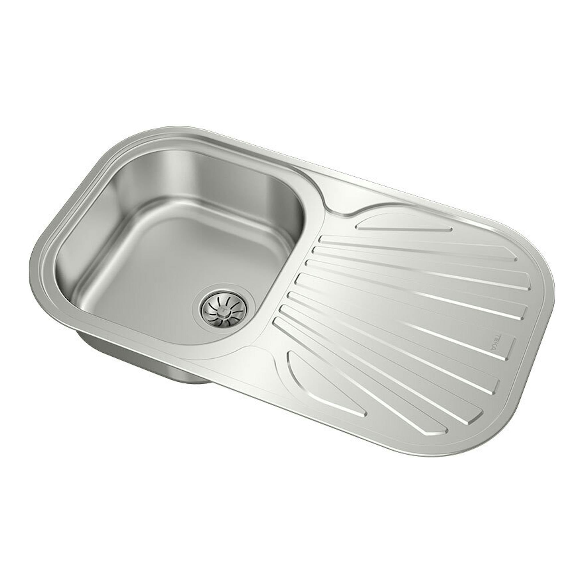 Fregadero Teka STYLO 1C1E de acero inoxidable, vista superior en ángulo, con una cubeta y escurridor.