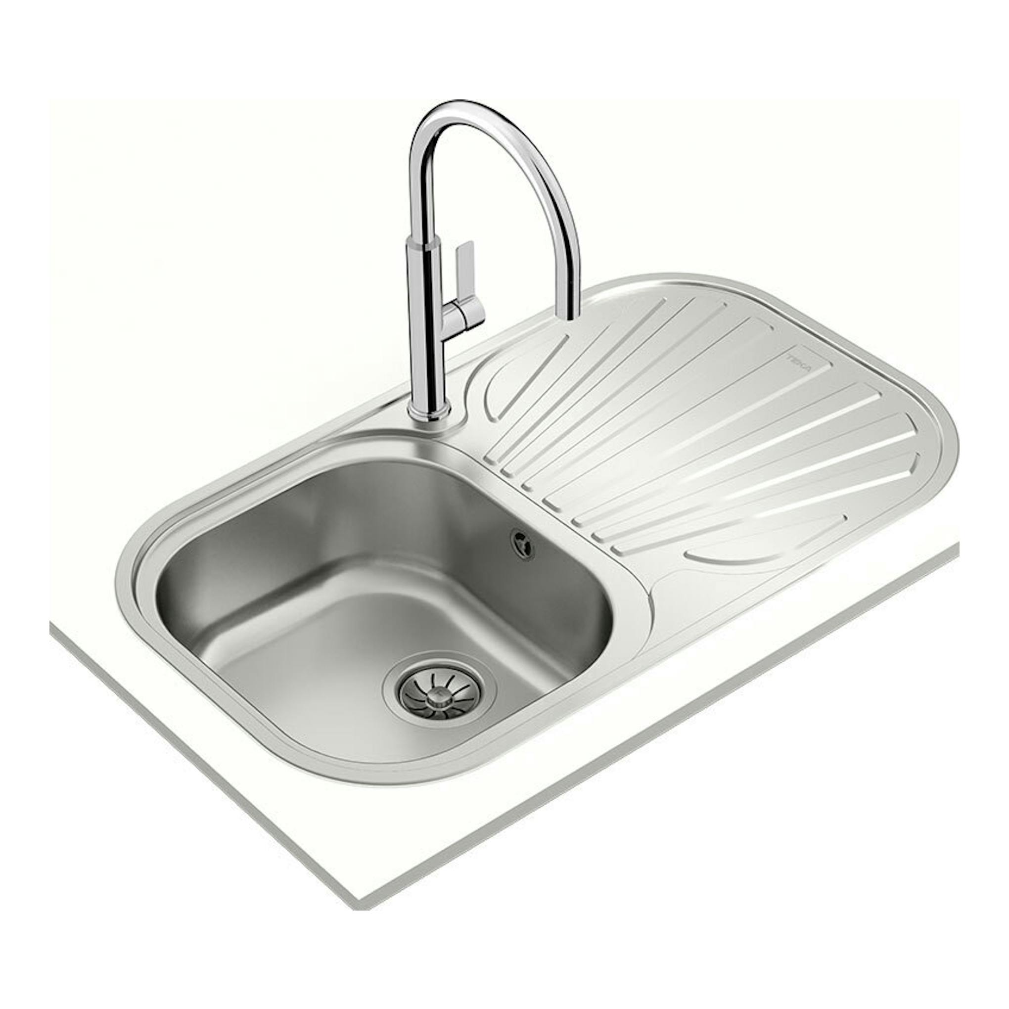 Fregadero Teka STYLO 1C1E inox reversible, vista en perspectiva con una cuba, escurridor y grifo cromado.