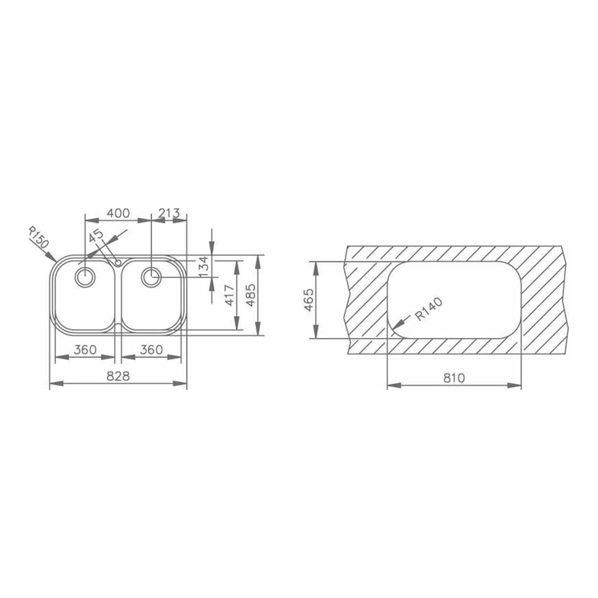 Plano técnico del fregadero Teka STYLO 2C Inox, vista superior y sección, en acero inoxidable.