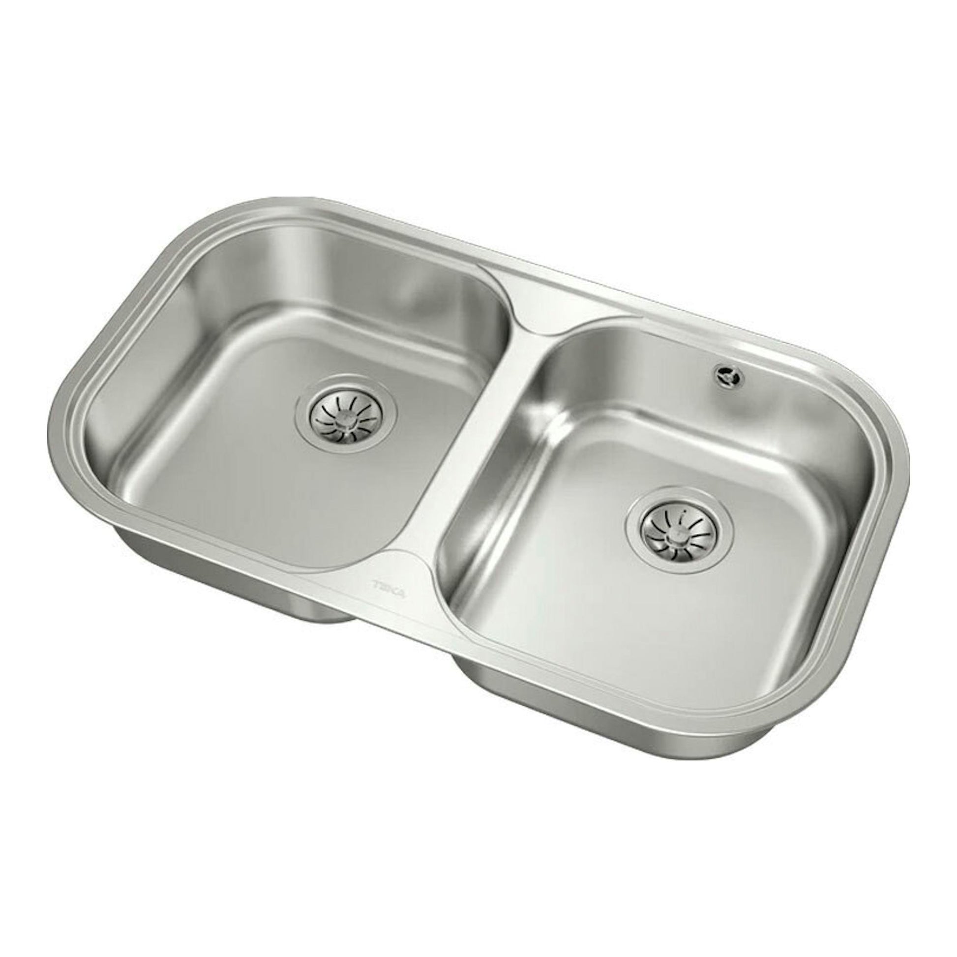 Fregadero Teka STYLO 2C inox, vista superior inclinada, doble cubeta rectangular de acero inoxidable.