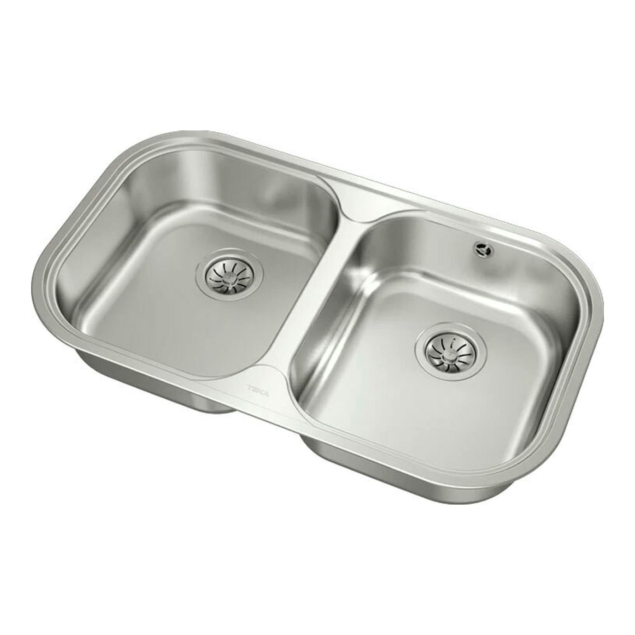 Fregadero Teka STYLO 2C inox, vista superior inclinada, doble cubeta rectangular de acero inoxidable.