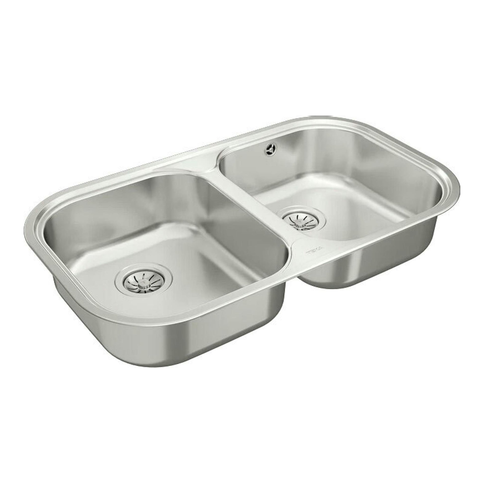 Fregadero Teka STYLO 2C de acero inoxidable, vista en ángulo, con dos cubetas y desagües.