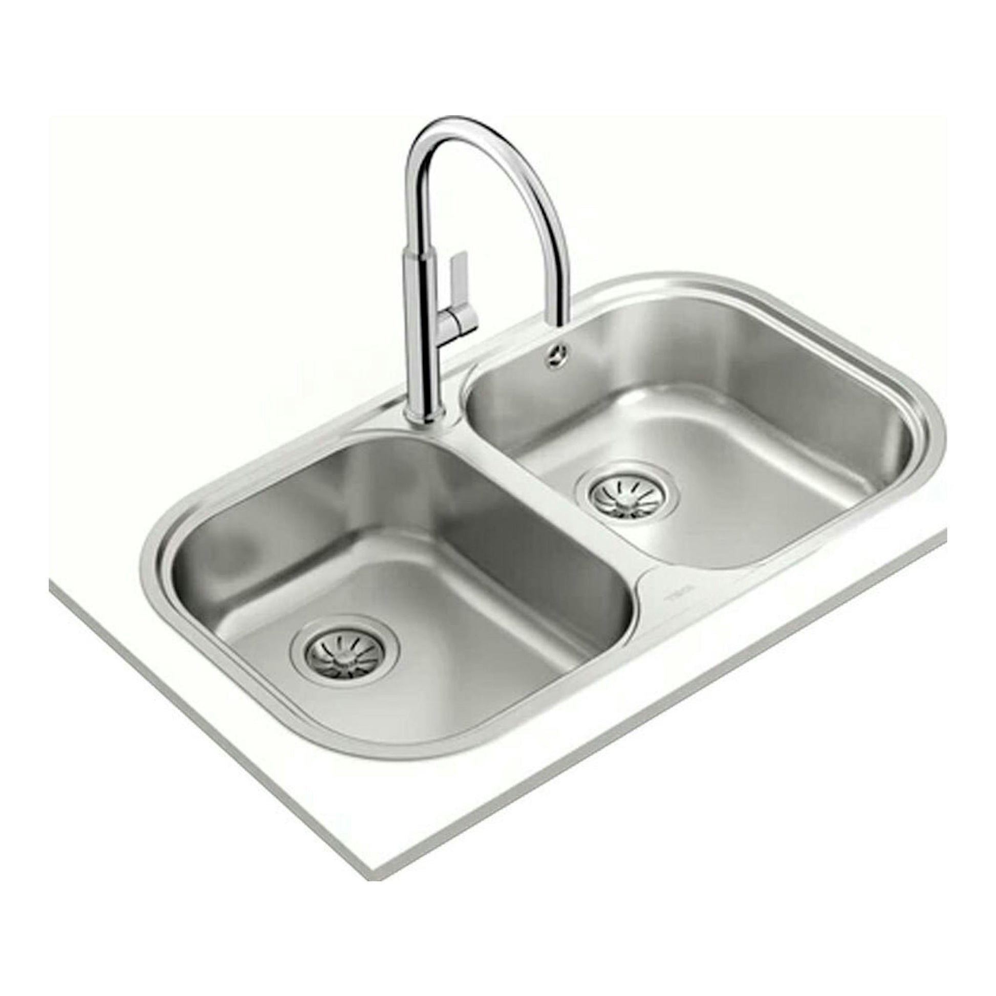 Fregadero Teka STYLO 2C inox de dos senos, vista cenital inclinada, con grifo cromado.