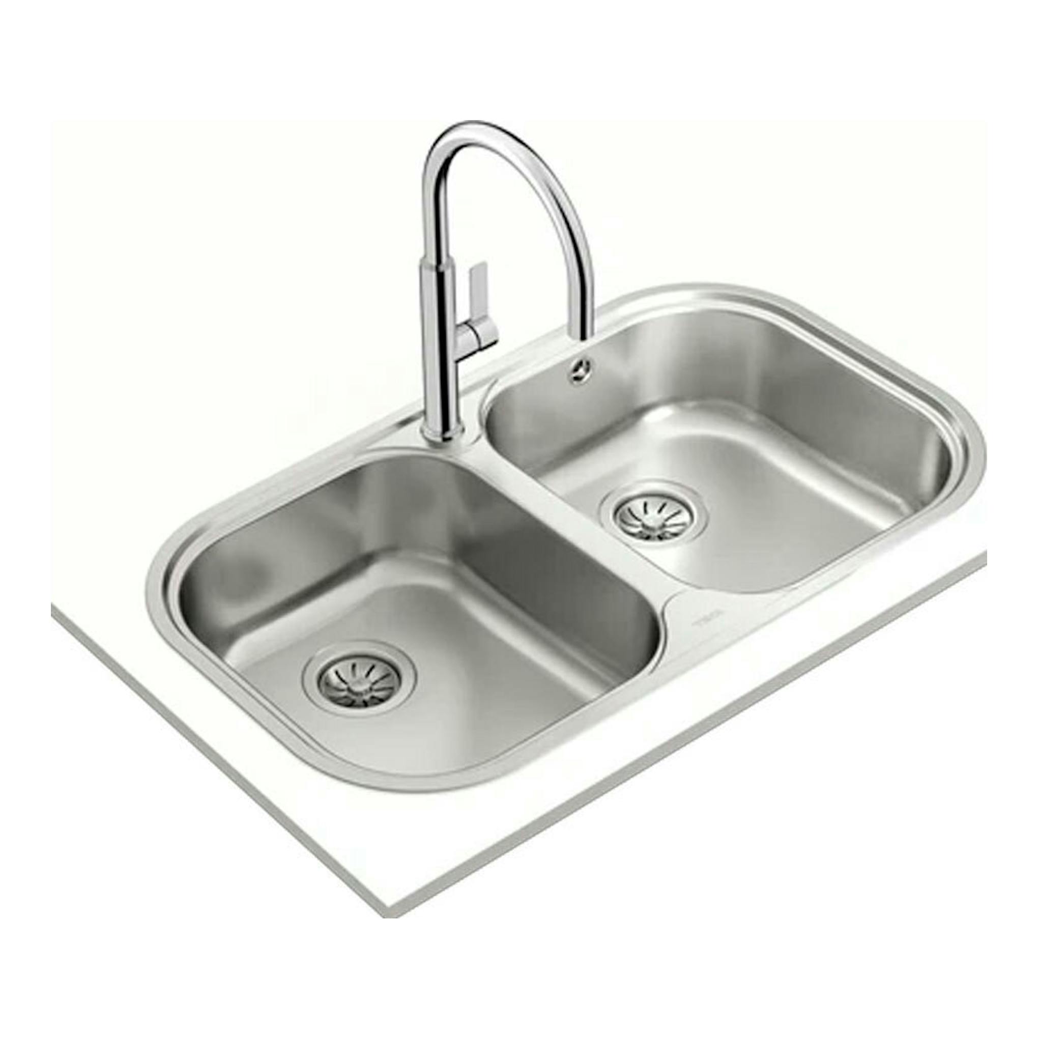 Fregadero Teka STYLO 2C inox de dos senos, vista cenital inclinada, con grifo cromado.
