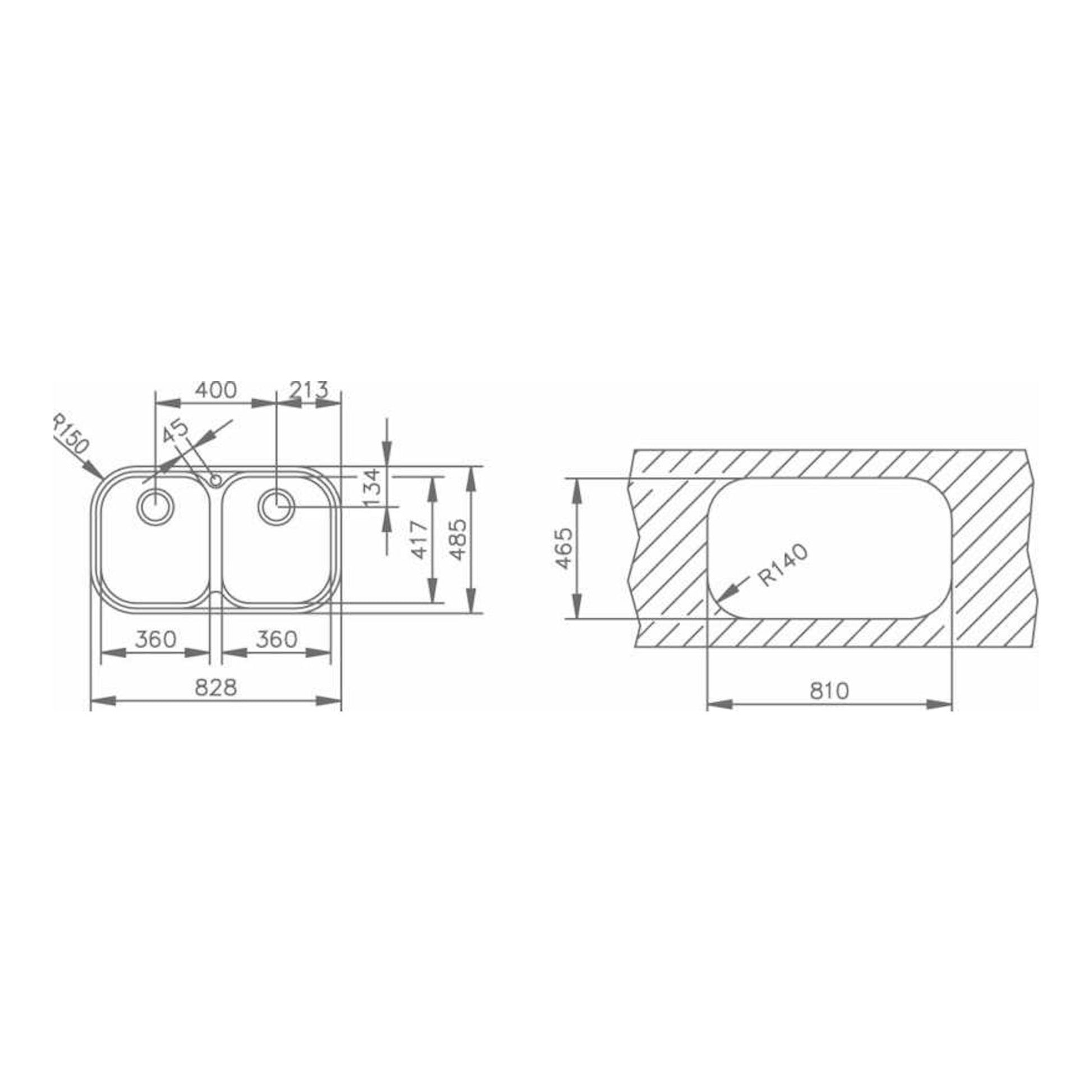 Plano técnico del fregadero Teka STYLO 2C inox de dos senos, vista superior y lateral con medidas.