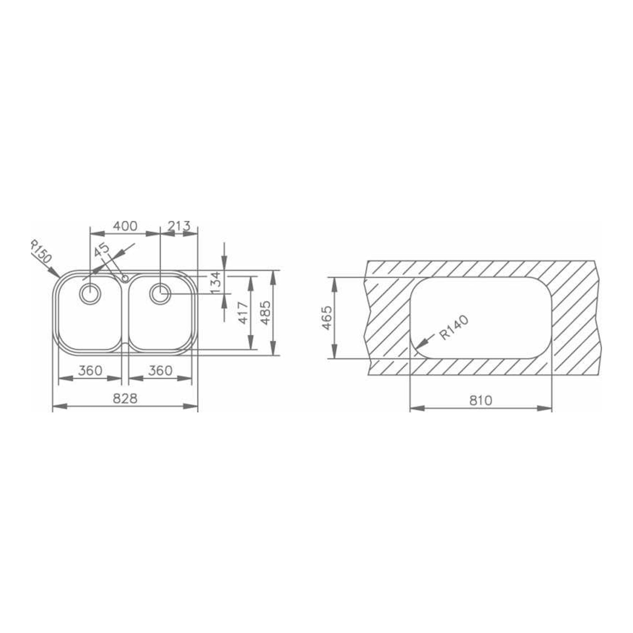 Plano técnico del fregadero Teka STYLO 2C inox de dos senos, vista superior y lateral con medidas.