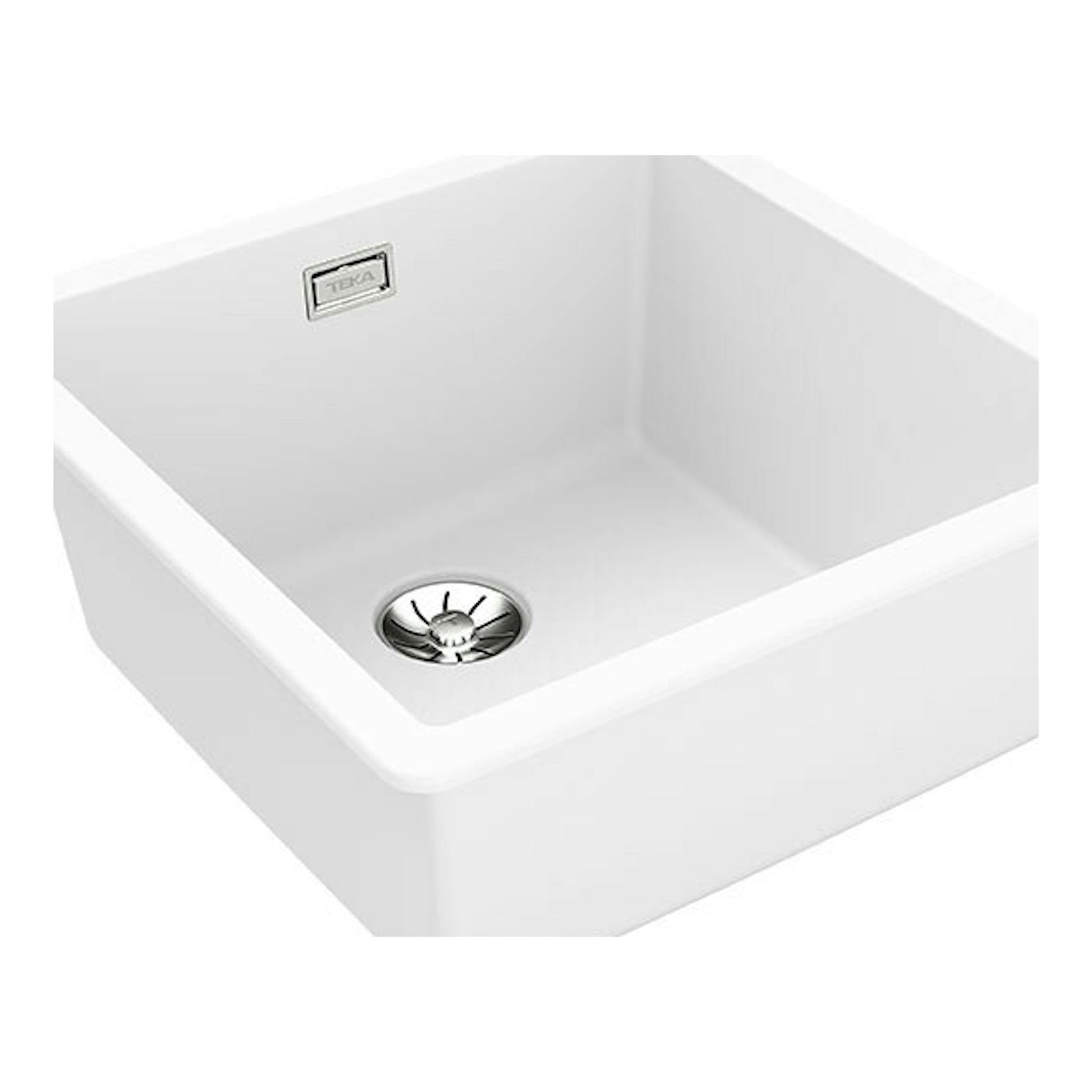 Fregadero Teka Tegranite RADEA R10 blanco, vista en ángulo, cubeta cuadrada con desagüe.
