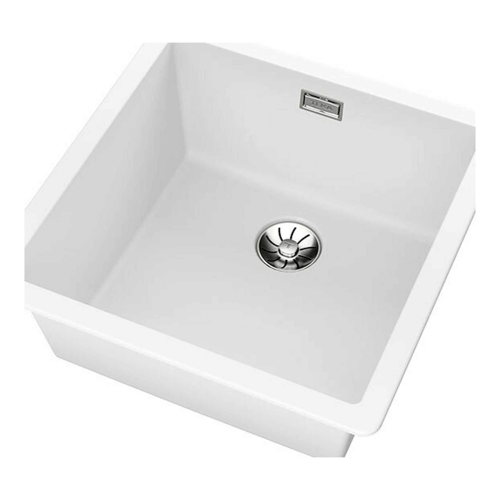 Fregadero Teka Tegranite RADEA R10 40.40 M-TG blanco, vista superior en ángulo, con desagüe central.