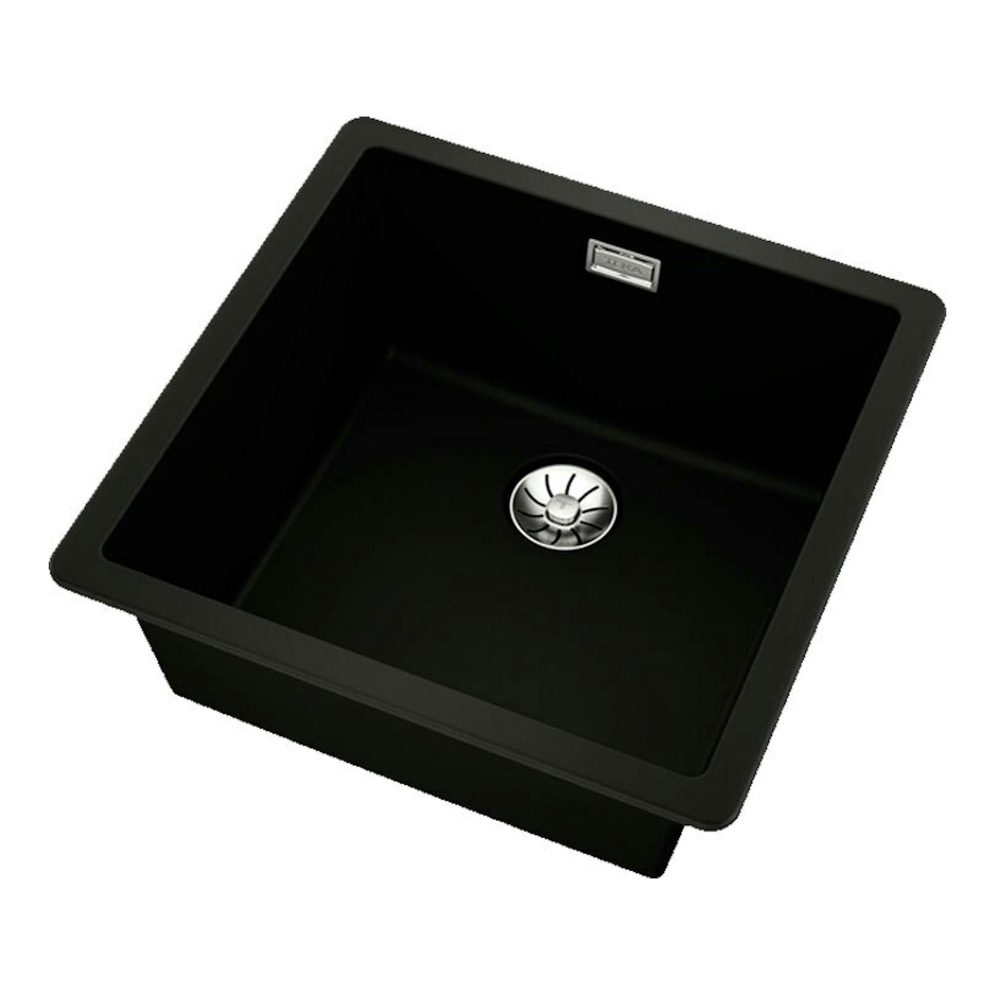 Fregadero Teka Tegranite RADEA R10 negro, vista superior en ángulo, con cubeta cuadrada y desagüe central.