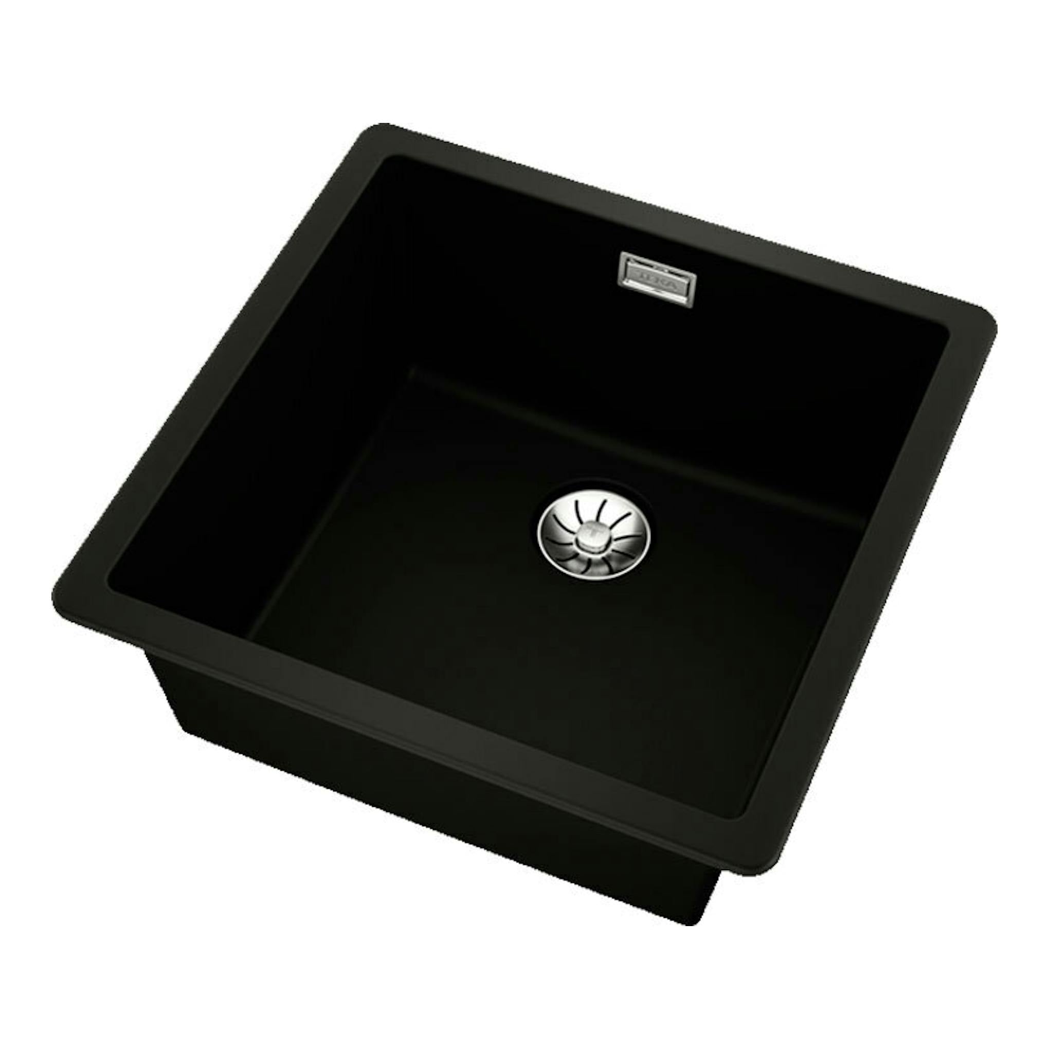 Fregadero Teka Tegranite RADEA R10 negro, vista superior en ángulo, con cubeta cuadrada y desagüe central.