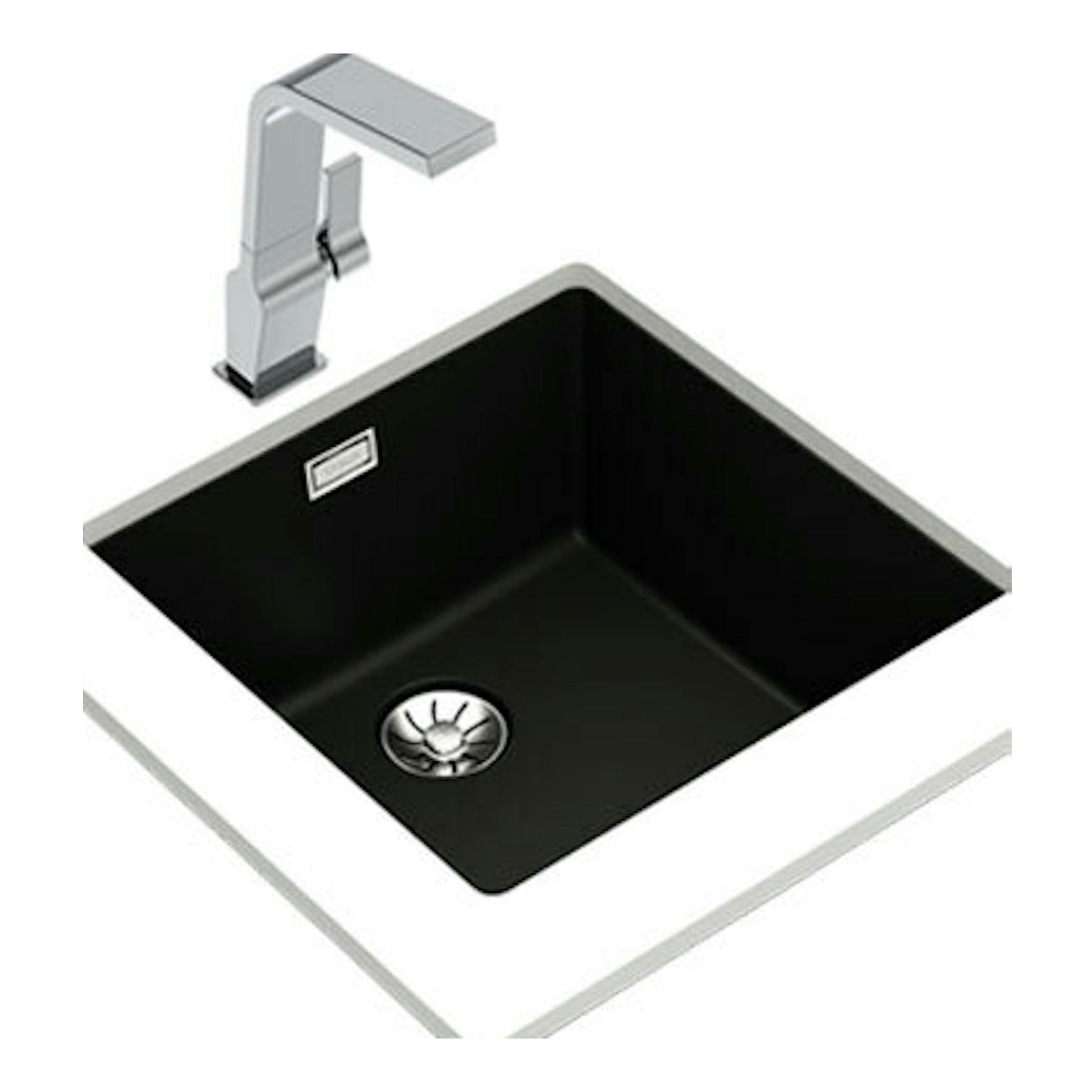 Fregadero Teka Tegranite RADEA R10 40.40 M-TG negro, vista en ángulo con grifo cromado.