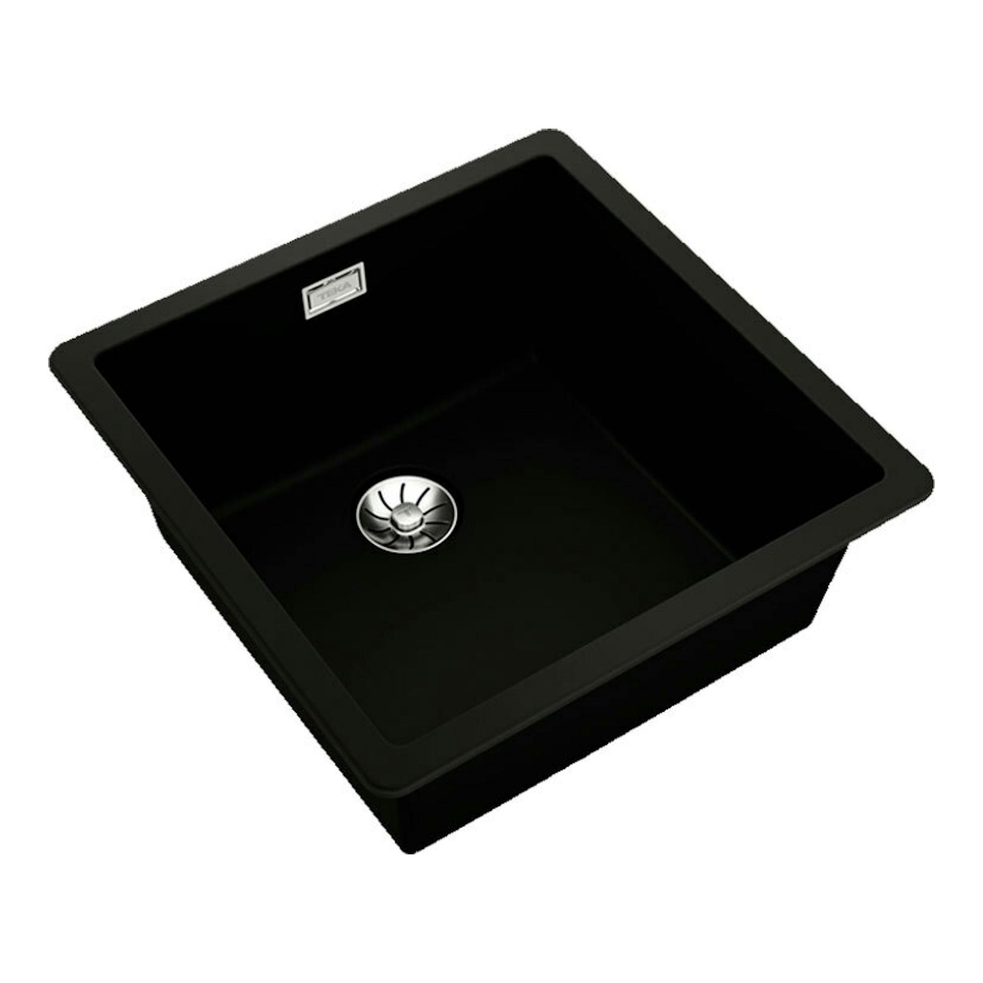 Fregadero Teka Tegranite RADEA R10 40.40 M-TG negro, vista cenital en ángulo, con desagüe cromado.