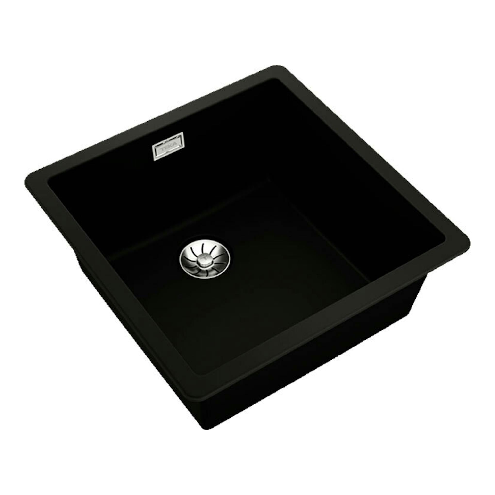 Fregadero Teka Tegranite RADEA R10 40.40 M-TG negro, vista cenital en ángulo, con desagüe cromado.