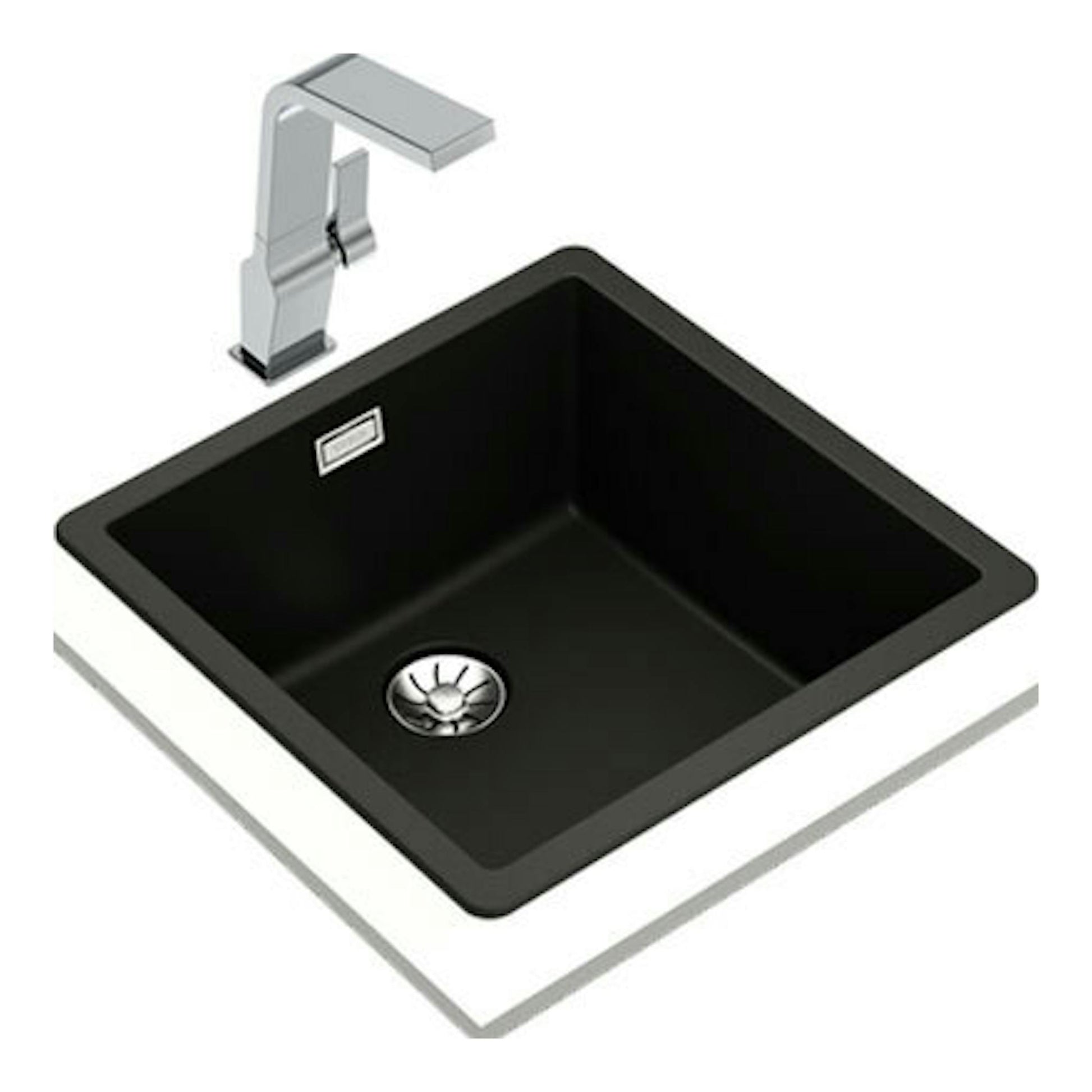 Fregadero Teka Tegranite RADEA R10 negro, vista en perspectiva con grifo cromado y desagüe.