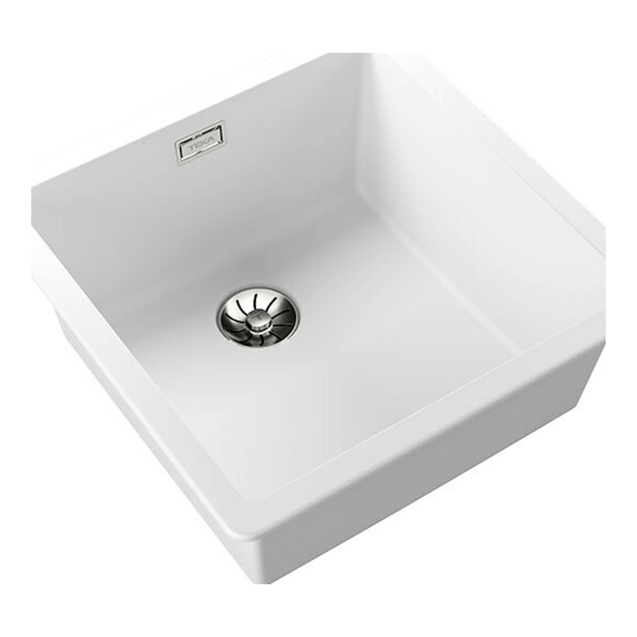 Fregadero Teka Tegranite RADEA R10 40.40 M-TG blanco, vista superior inclinada de cubeta cuadrada.