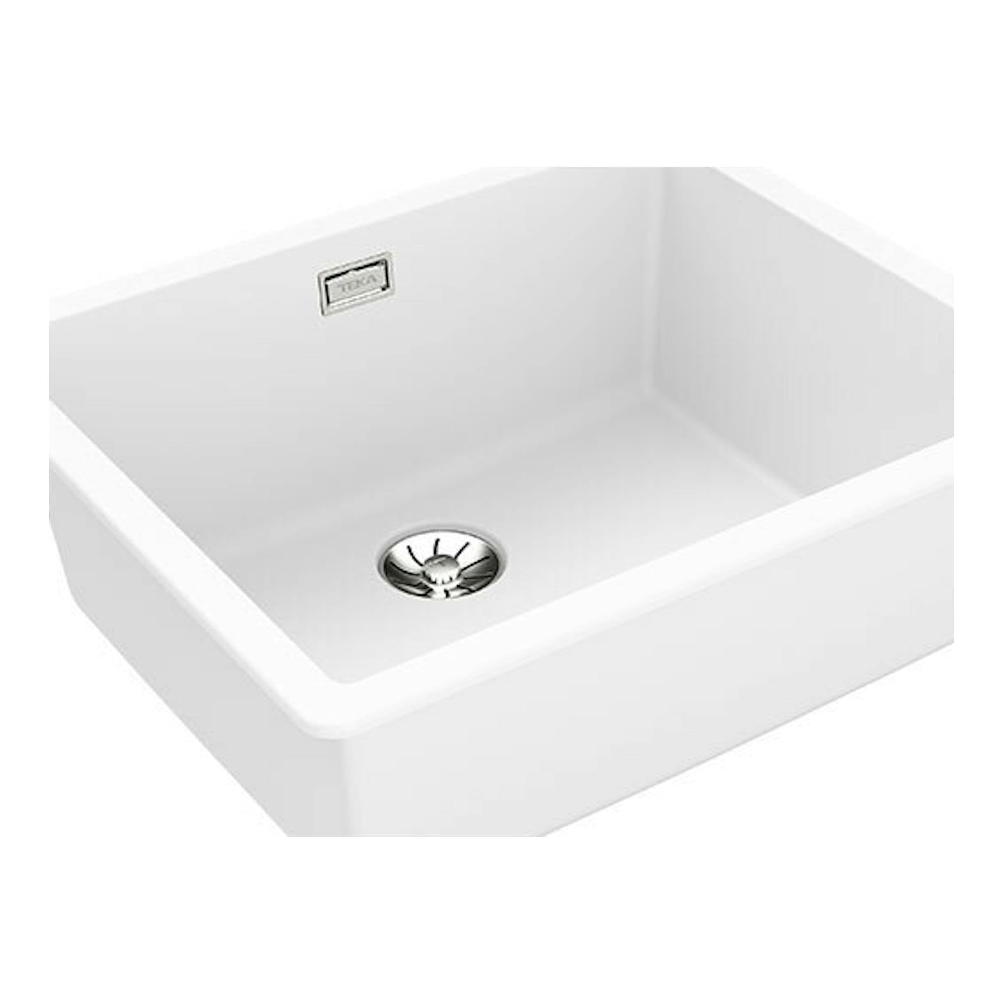 Fregadero Teka Tegranite Radea R10 50.40 M-TG blanco, vista en ángulo de cubeta única con desagüe.
