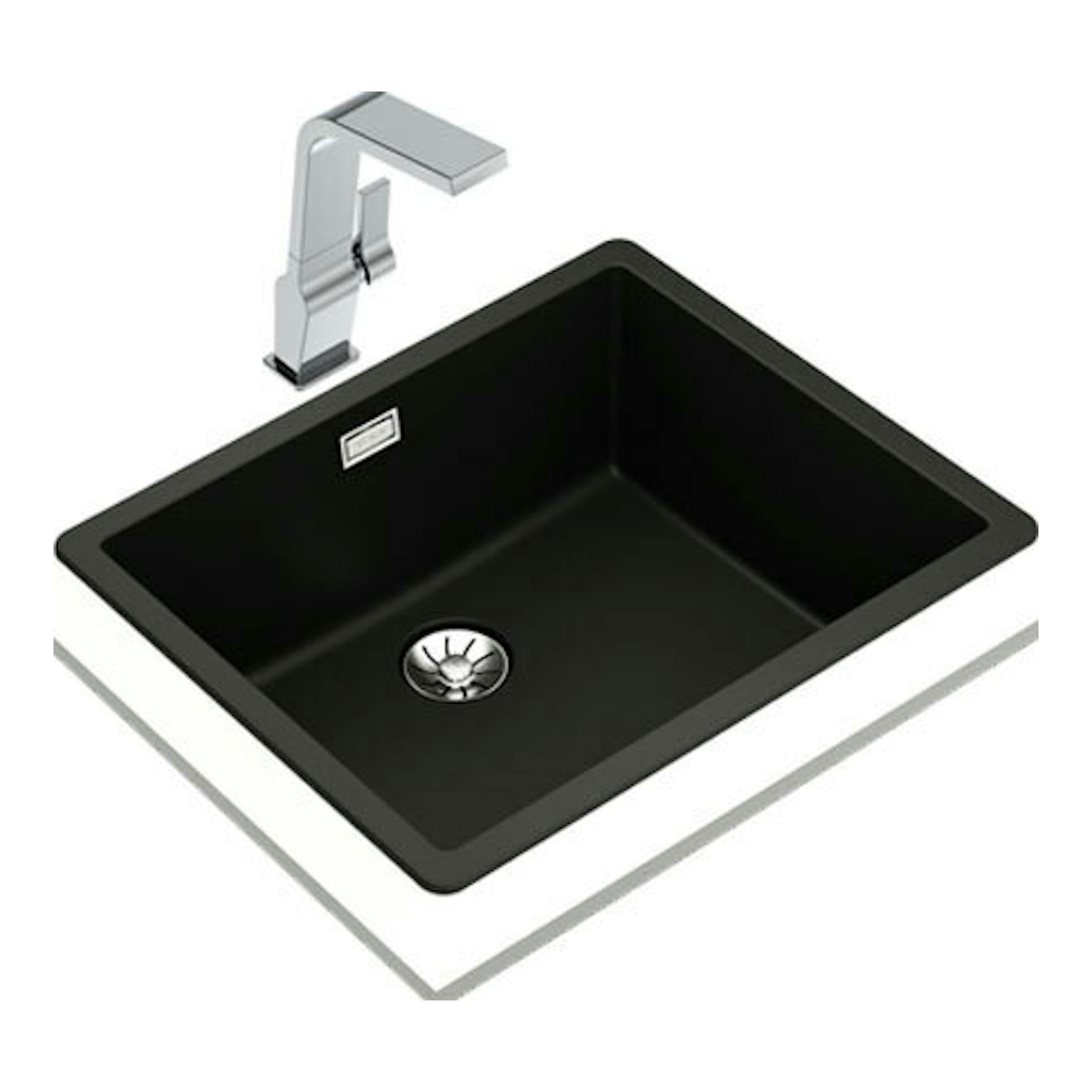 Fregadero Teka Tegranite RADEA R10 50.40 M-TG negro, vista superior oblicua con grifo cromado.