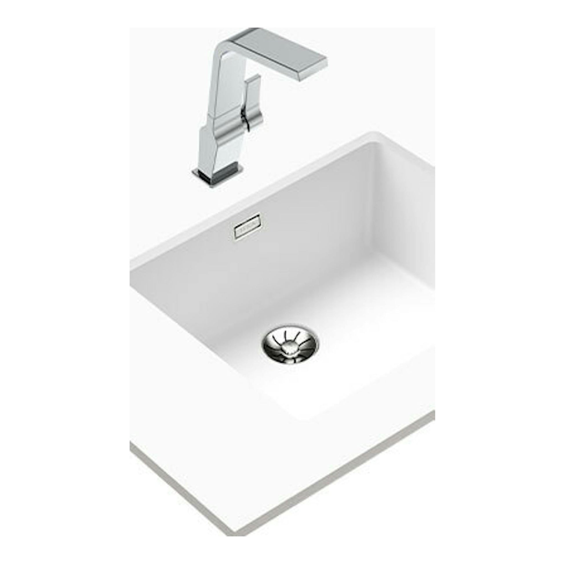Fregadero Teka Tegranite RADEA R10 50.40 M-TG blanco, vista en ángulo superior con grifo cromado.