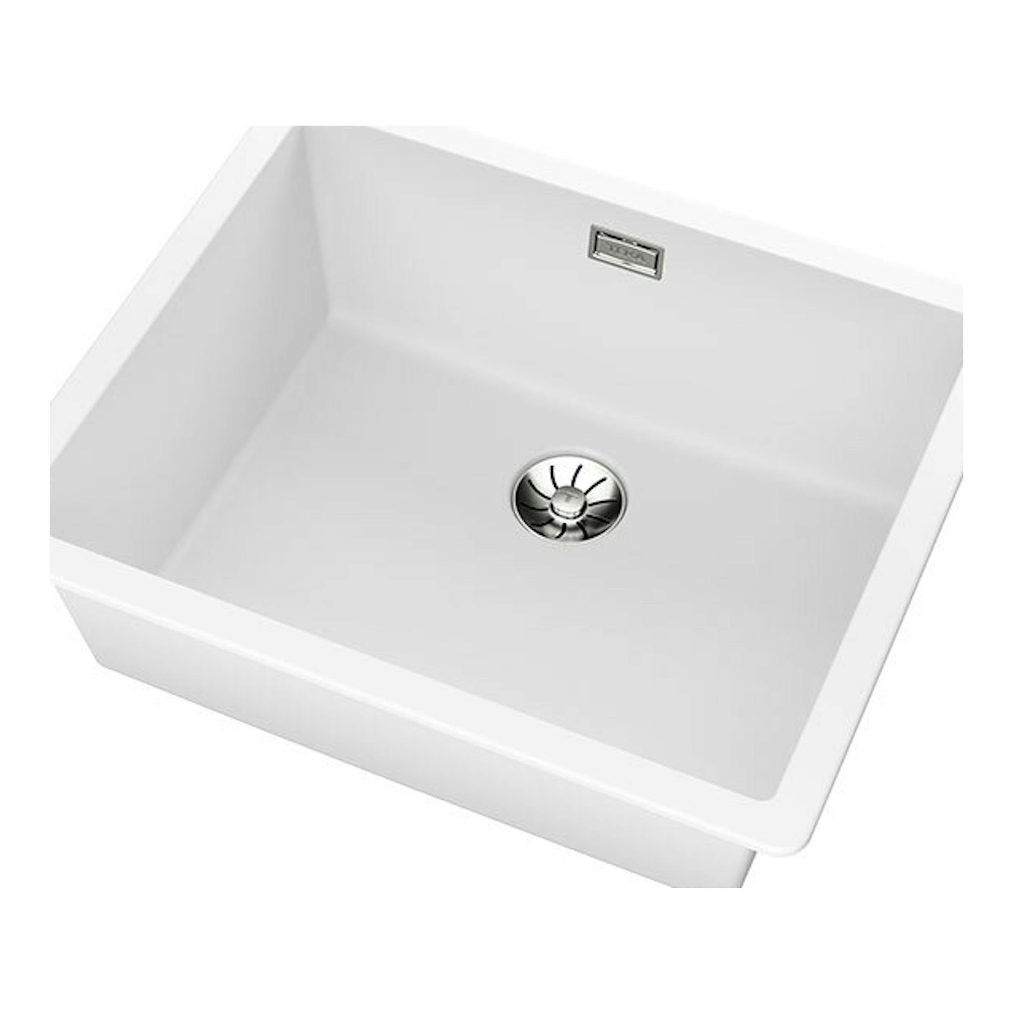 Fregadero blanco Teka Tegranite RADEA R10 50.40 M-TG, vista en ángulo con desagüe central.
