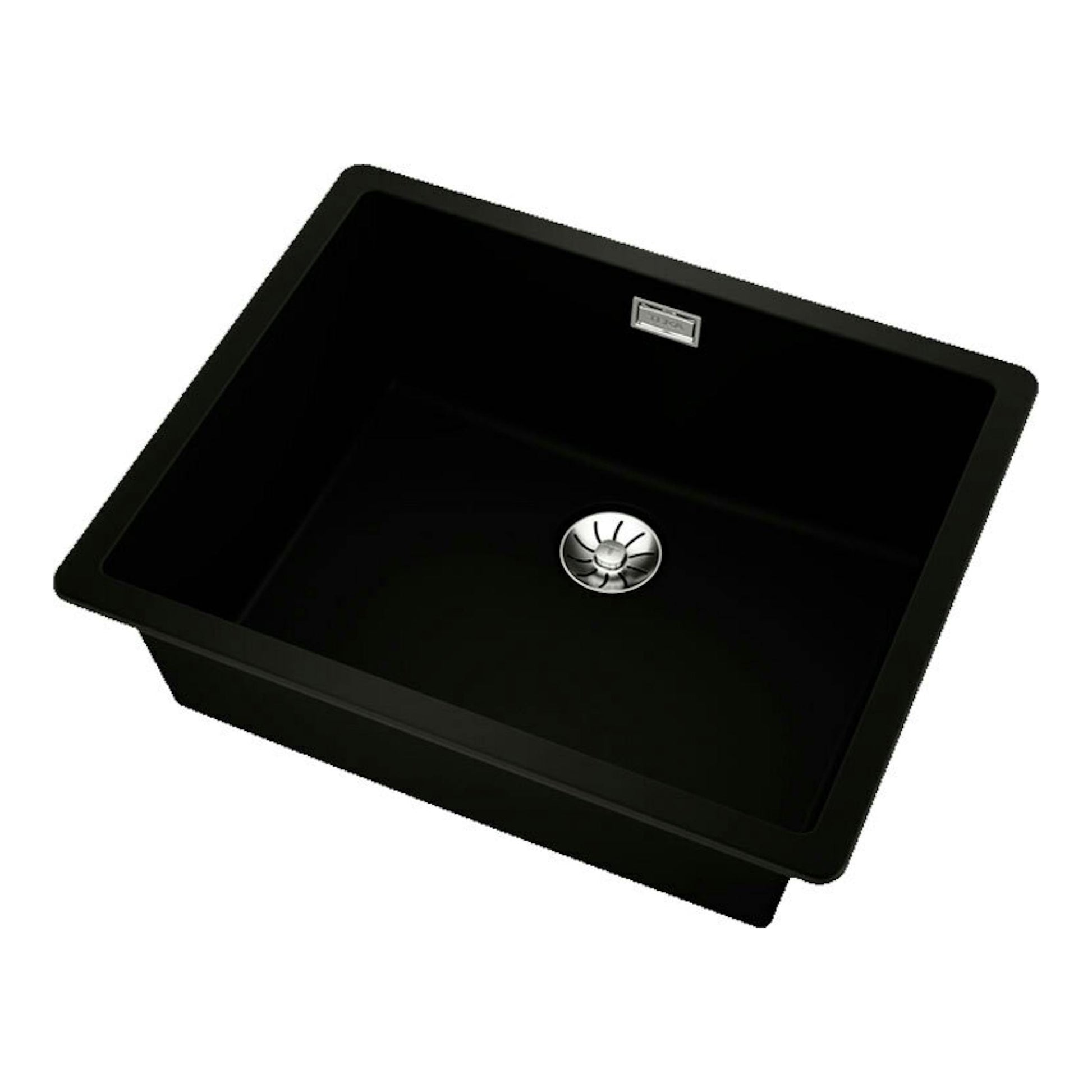 Fregadero Teka Tegranite RADEA R10 50.40 M-TG negro, vista superior inclinada, cubeta única con desagüe.