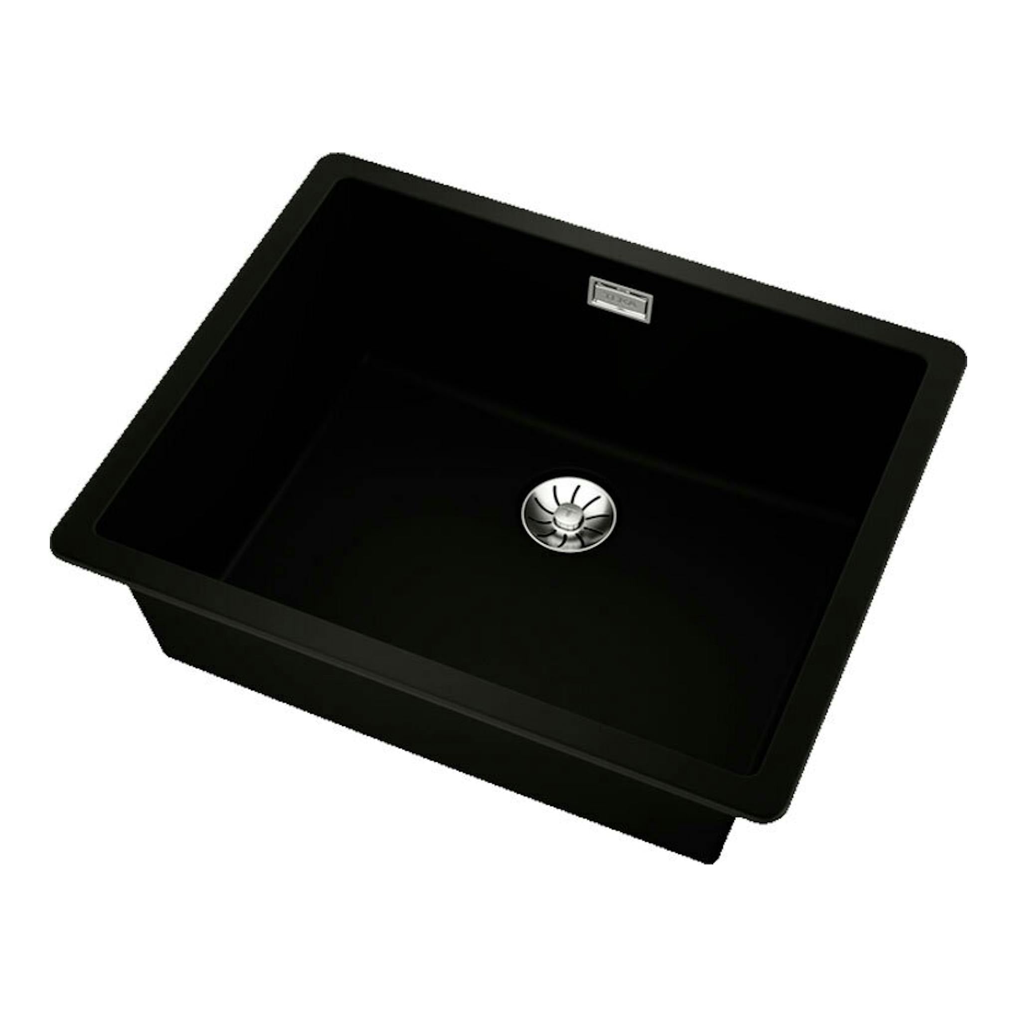 Fregadero Teka Tegranite RADEA R10 50.40 M-TG negro, vista superior inclinada, cubeta única con desagüe.
