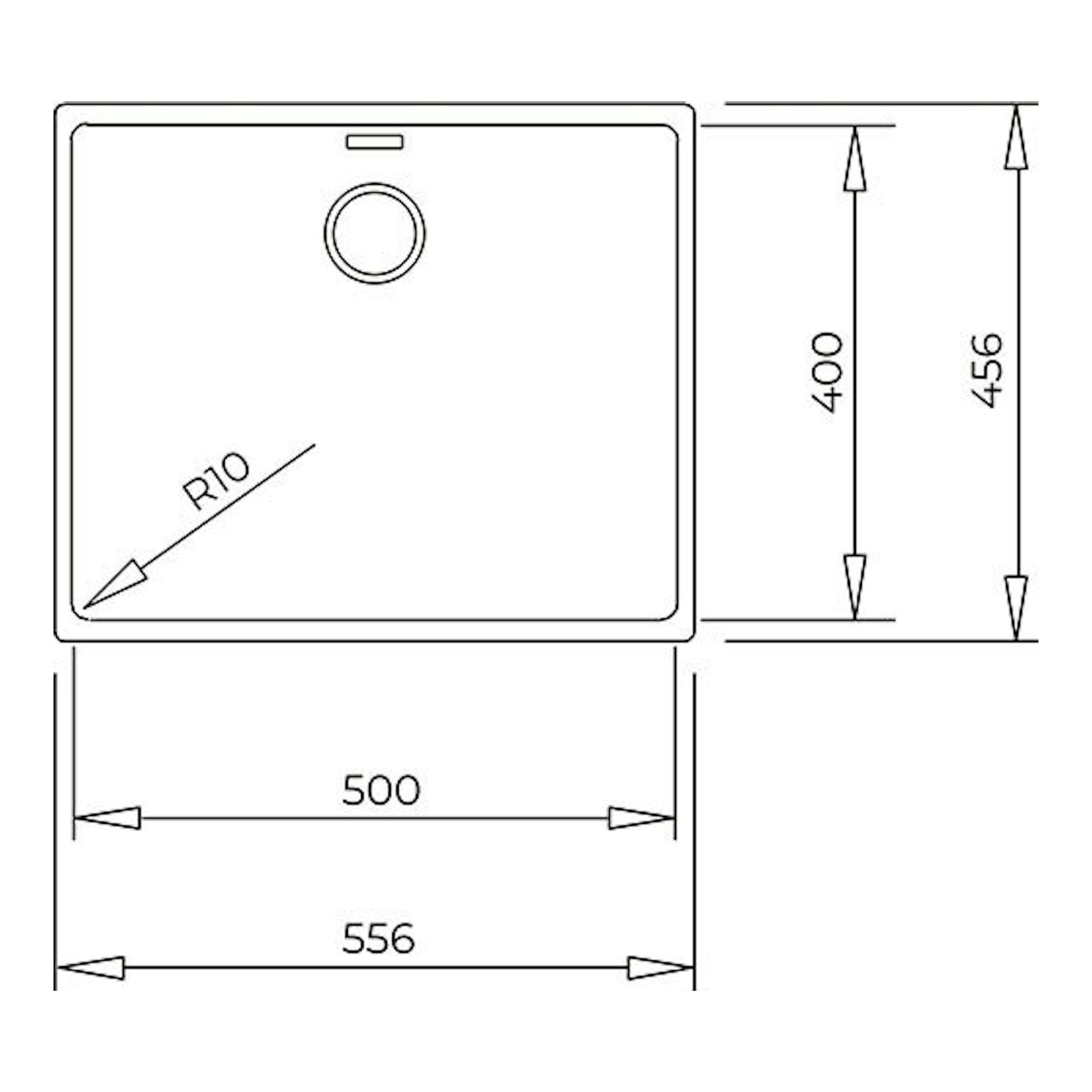 Fregadero Teka RADEA R10, vista superior, rectangular con esquinas redondeadas y medidas 500 x 400 mm.