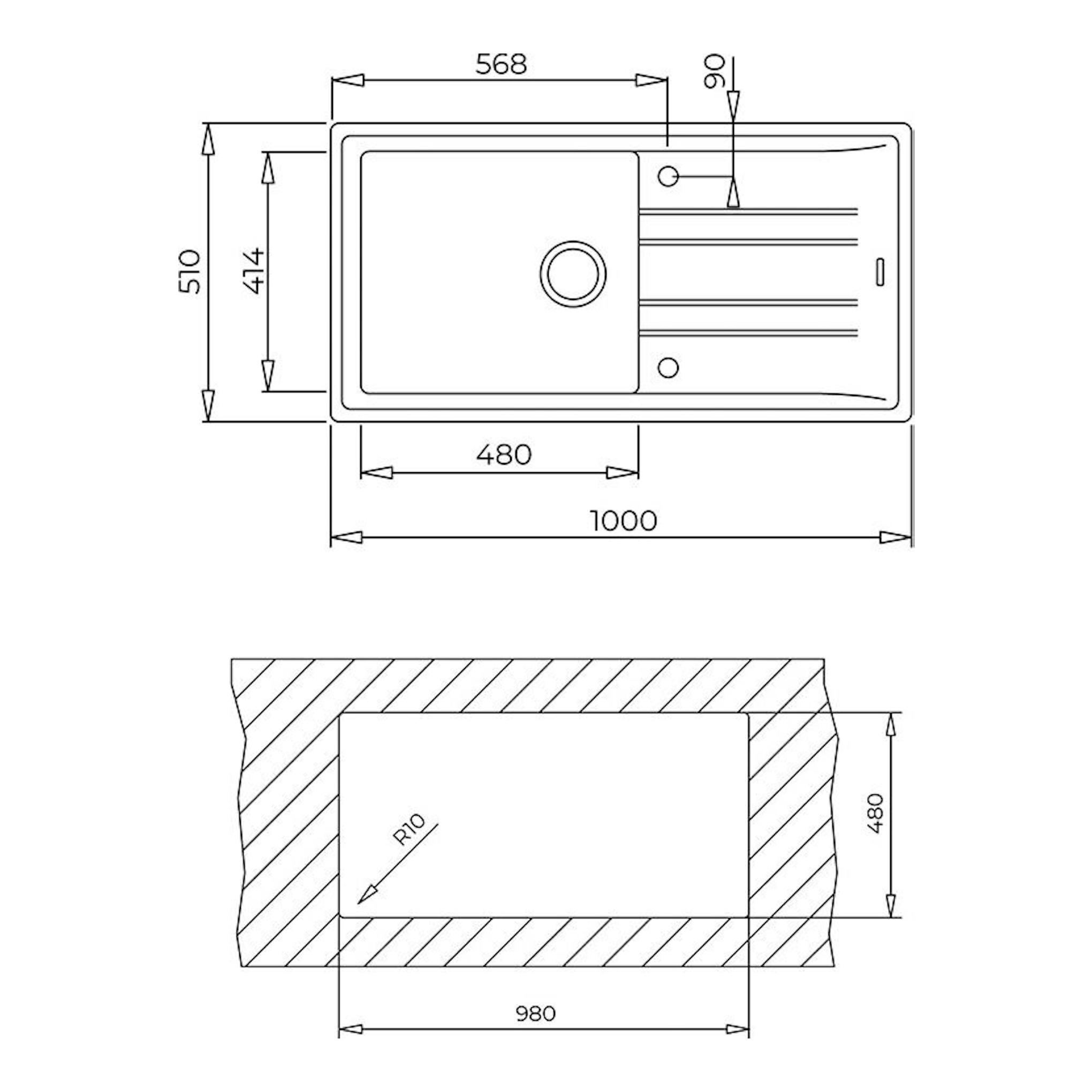 Plano técnico del fregadero Teka Tegranite Stone 60L-TG1C1E negro, vista superior y sección con medidas.