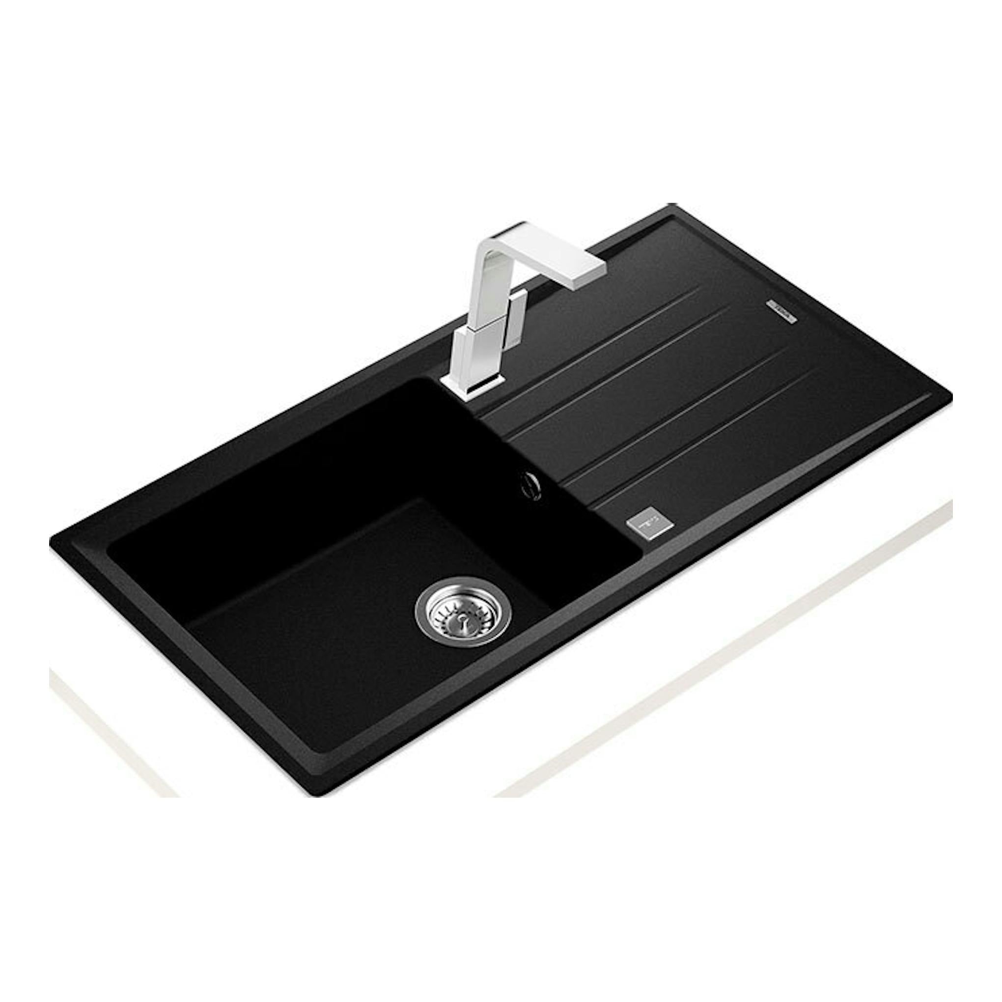 Fregadero Teka Tegranite Stone 60L-TG1C1E negro, vista cenital en ángulo, con escurridor y grifo.