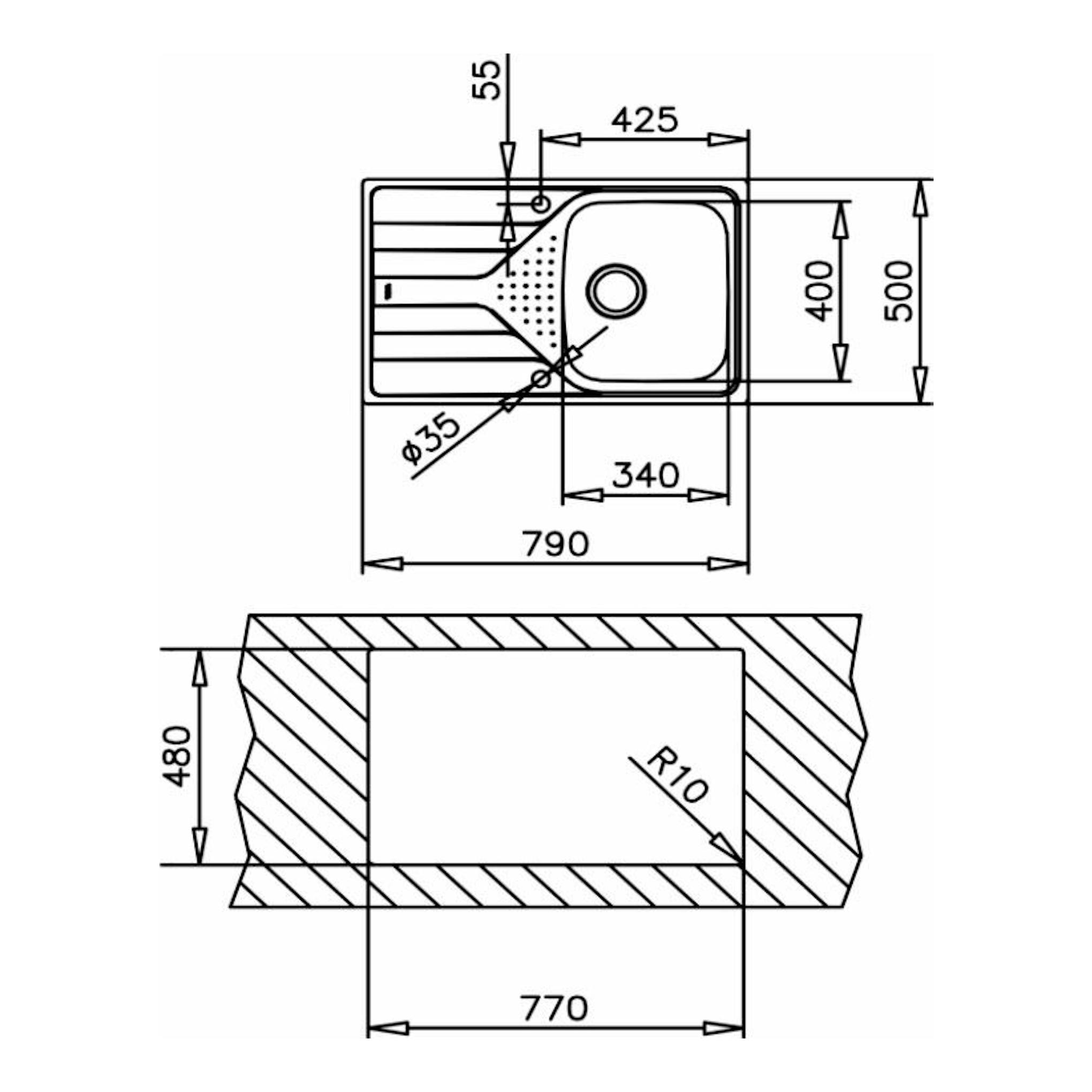 Plano técnico del fregadero Teka Universe 45 T-XP 1C 1E reversible, vista superior y sección, con medidas.