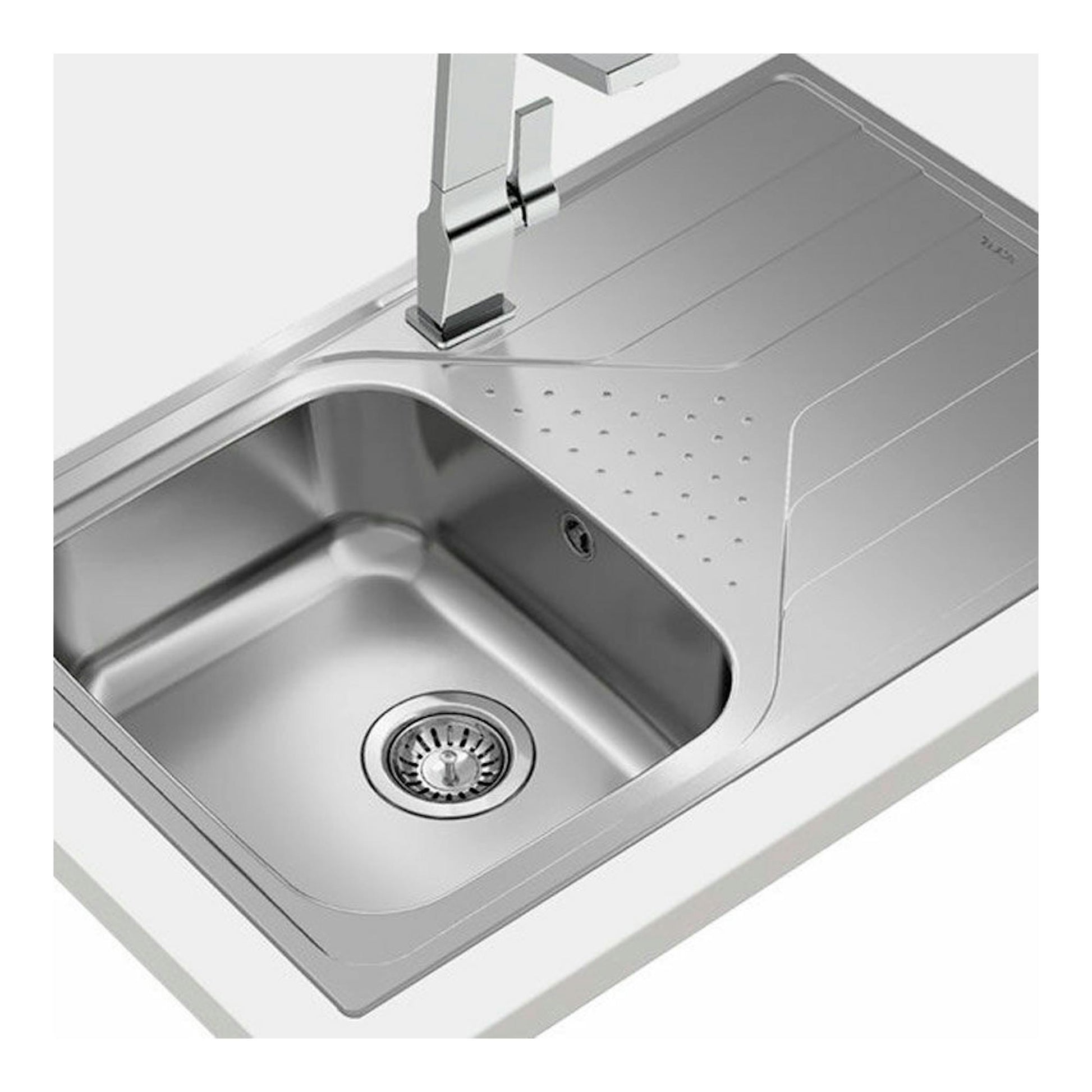 Fregadero Teka Universe 45 T-XP 1C 1E reversible de acero inoxidable, vista superior con escurridor y grifo.