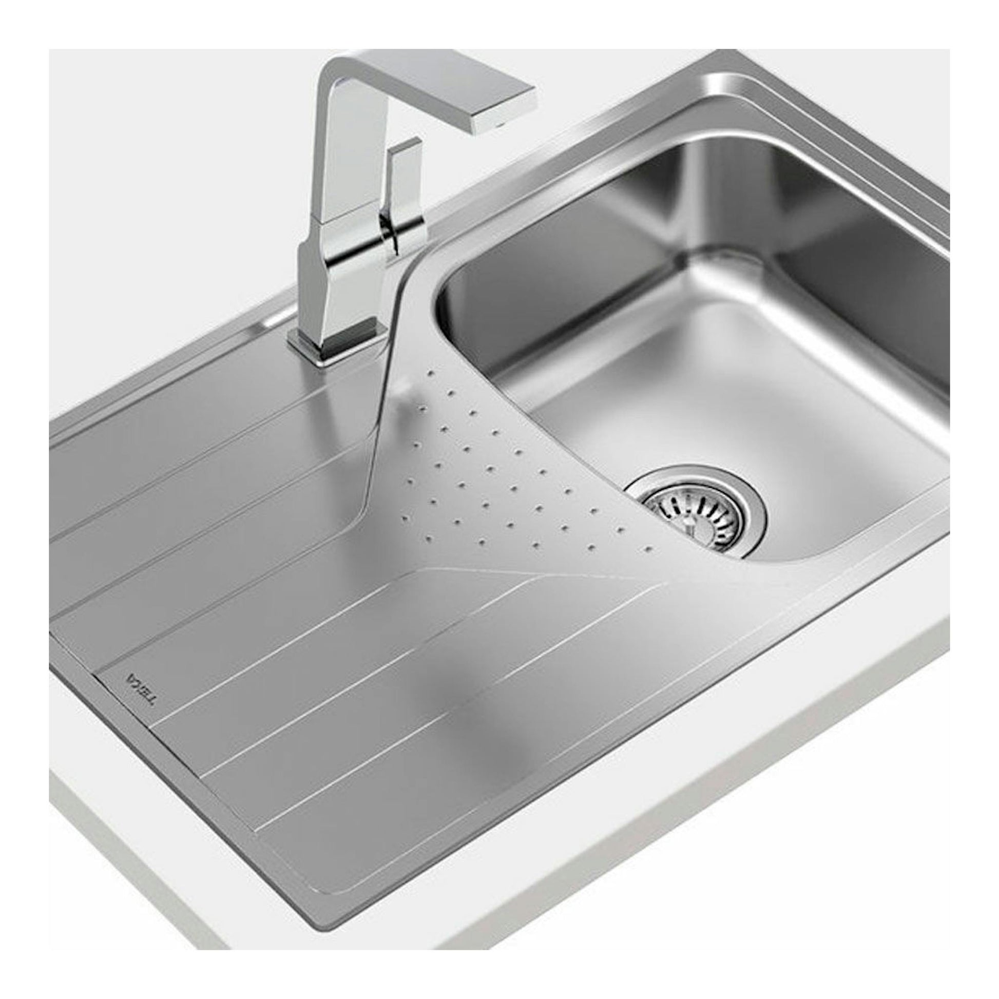 Fregadero Teka Universe 45 T-XP 1C 1E de acero inoxidable, vista en ángulo con cubeta y escurridor.
