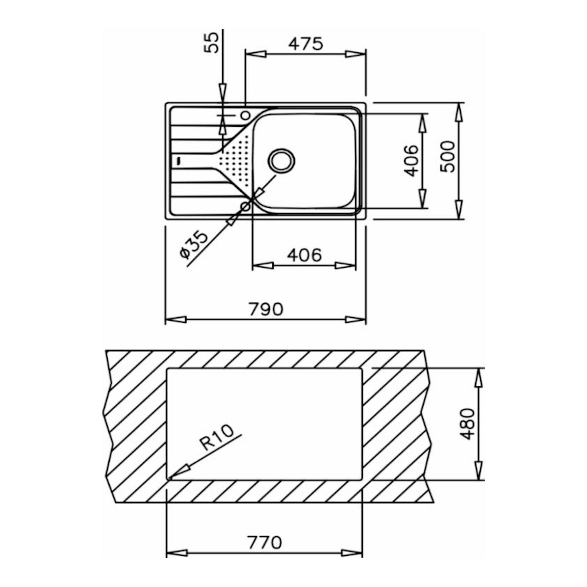Dibujo técnico del fregadero Teka Universe 50 T-XP 1C 1E MAX derecha, vista superior con medidas.