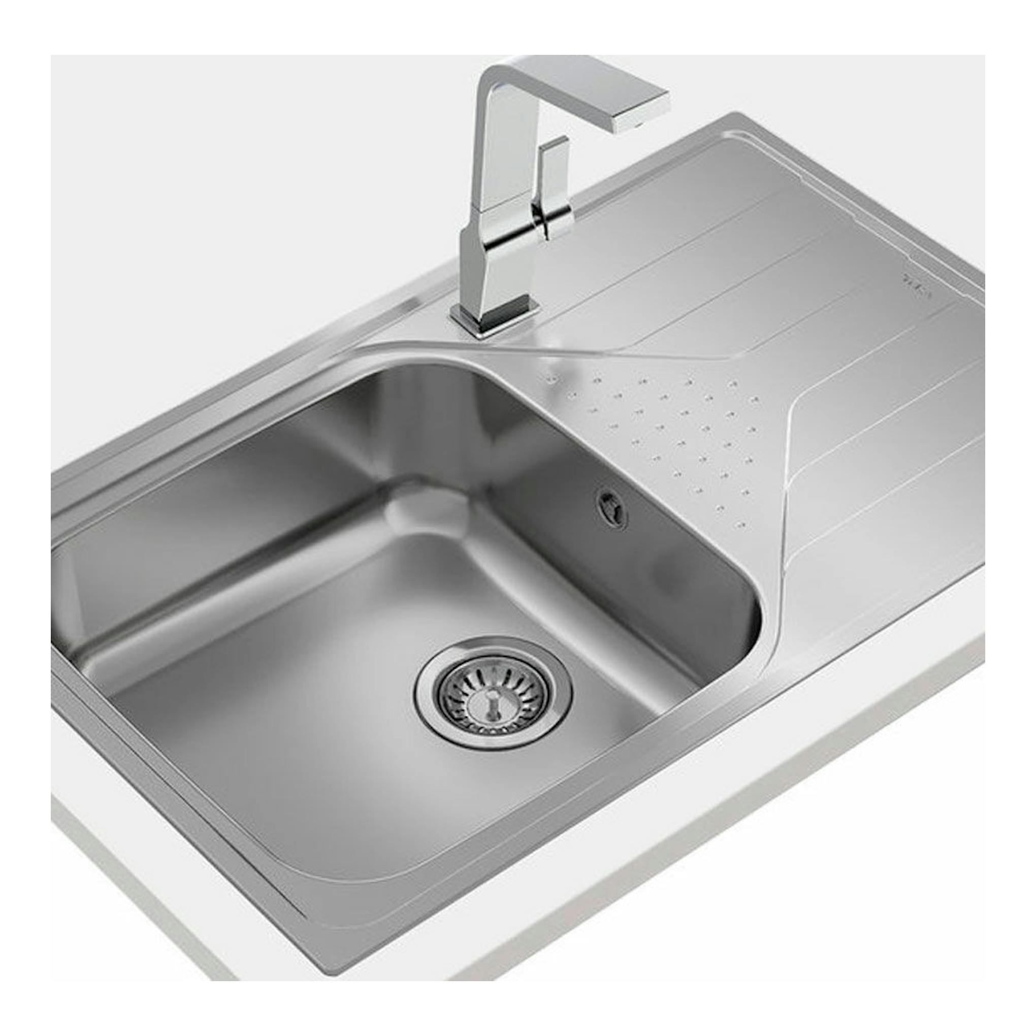 Fregadero Teka Universe 50 T-XP 1C 1E MAX Derecha, vista inclinada, acero inoxidable con grifo