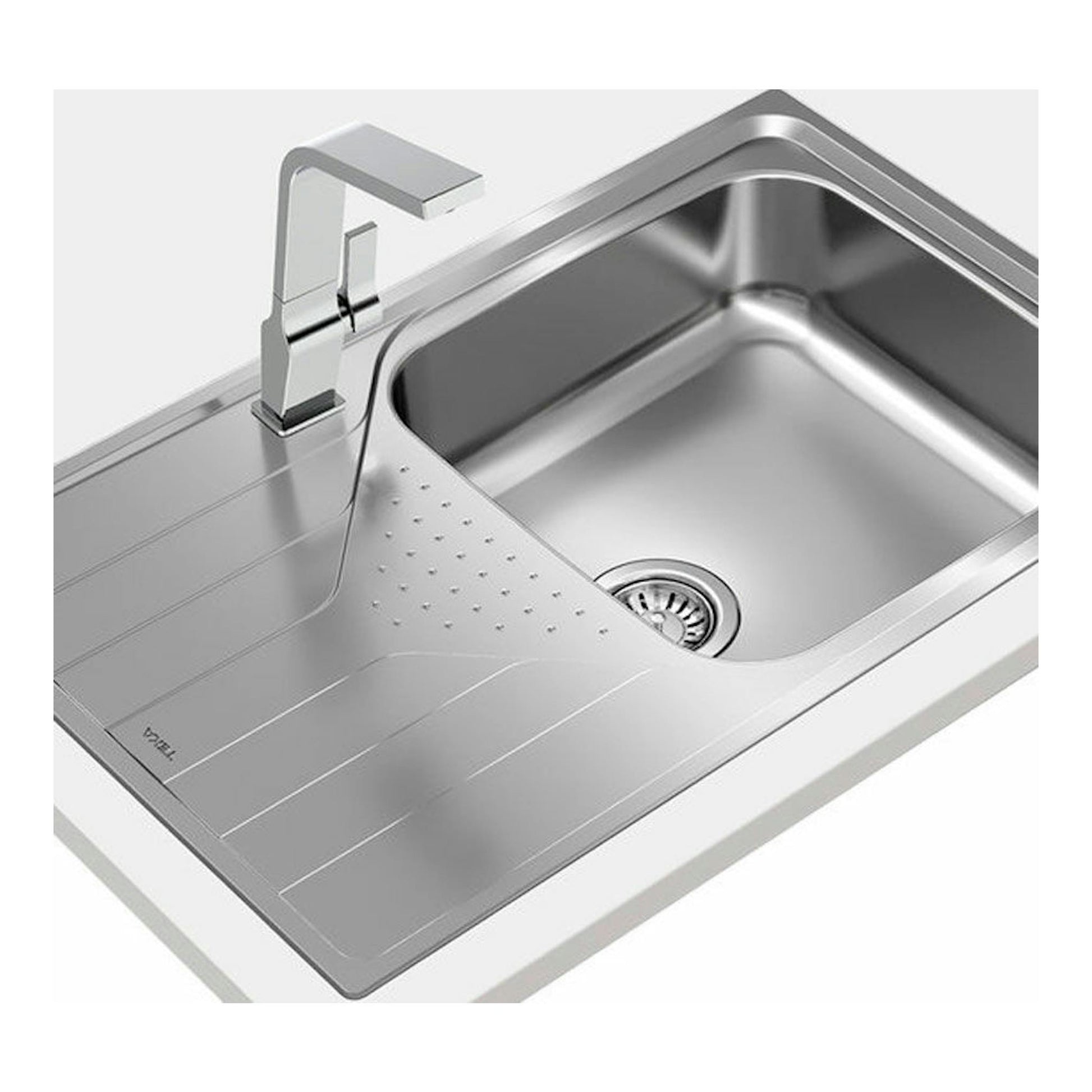 Fregadero Teka Universe 50 T-XP 1C 1E MAX izquierda, acero inoxidable, vista en ángulo con escurridor y grifo