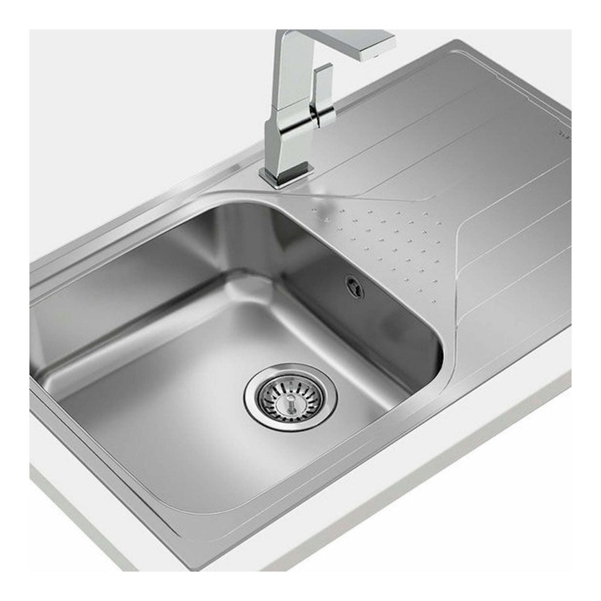 Fregadero Teka Universe 50 T-XP 1C 1E PLUS reversible de acero inoxidable, vista en ángulo con grifo.