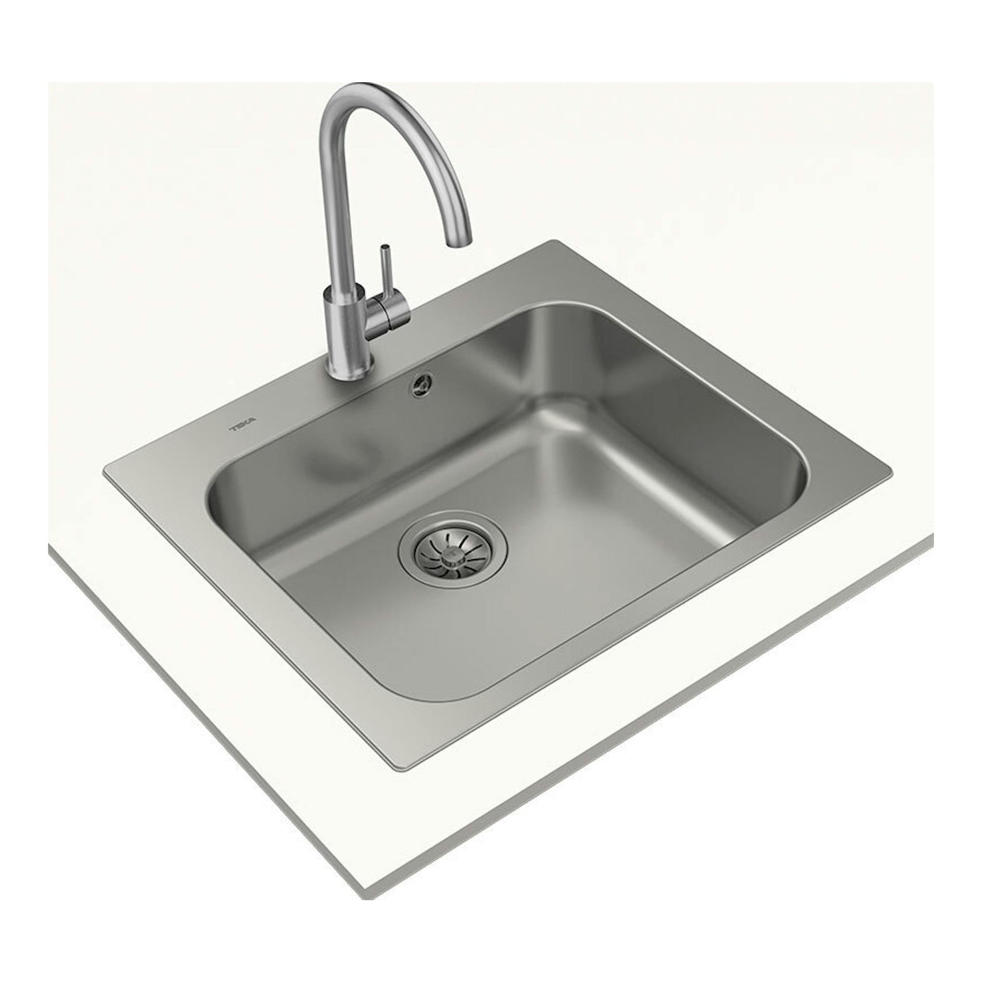 Fregadero Teka Universe 60TXP 1C Max de acero inoxidable, vista en ángulo con grifo cromado.
