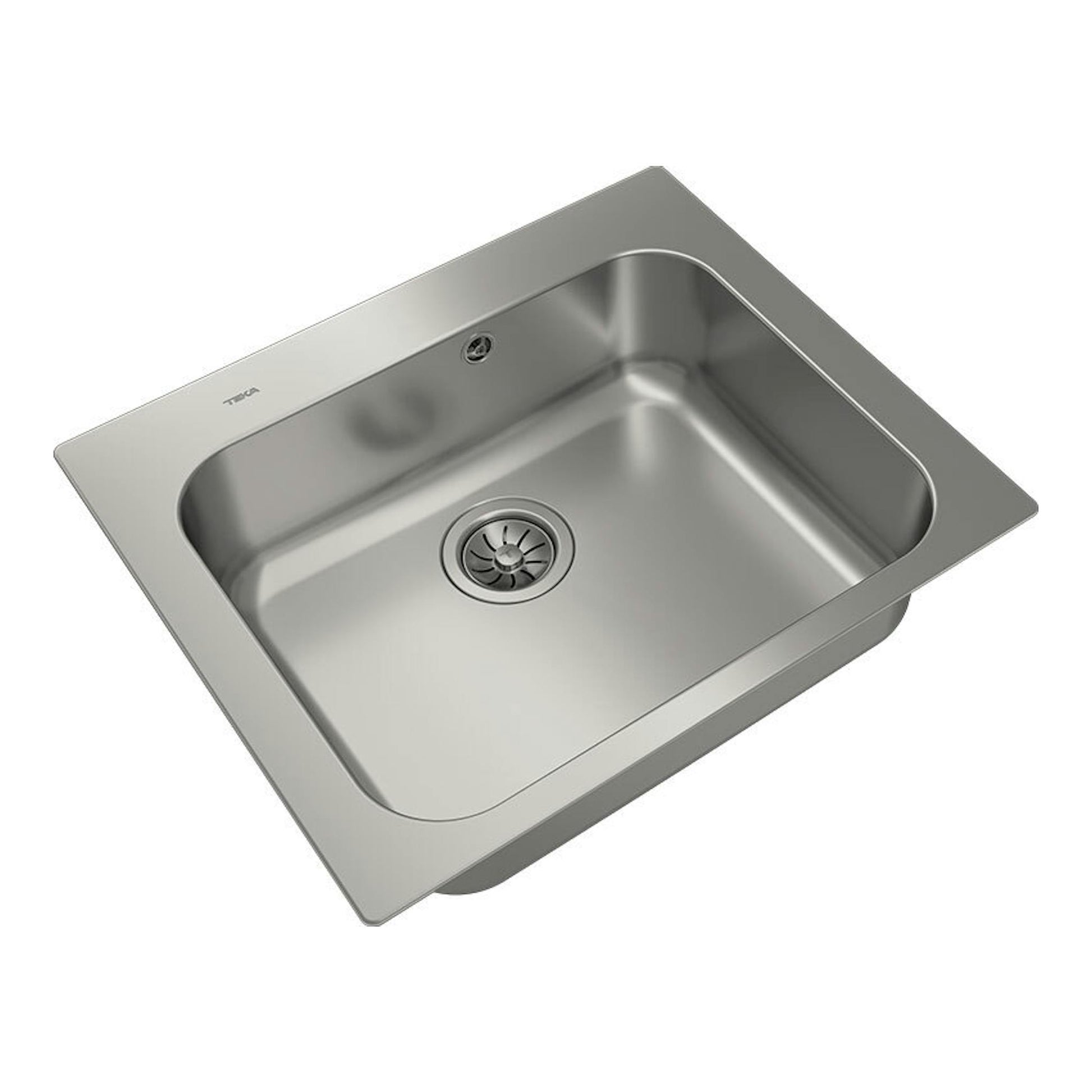 Fregadero Teka Universe 60TXP 1C Max de acero inoxidable, vista en ángulo, con una cubeta y desagüe central.